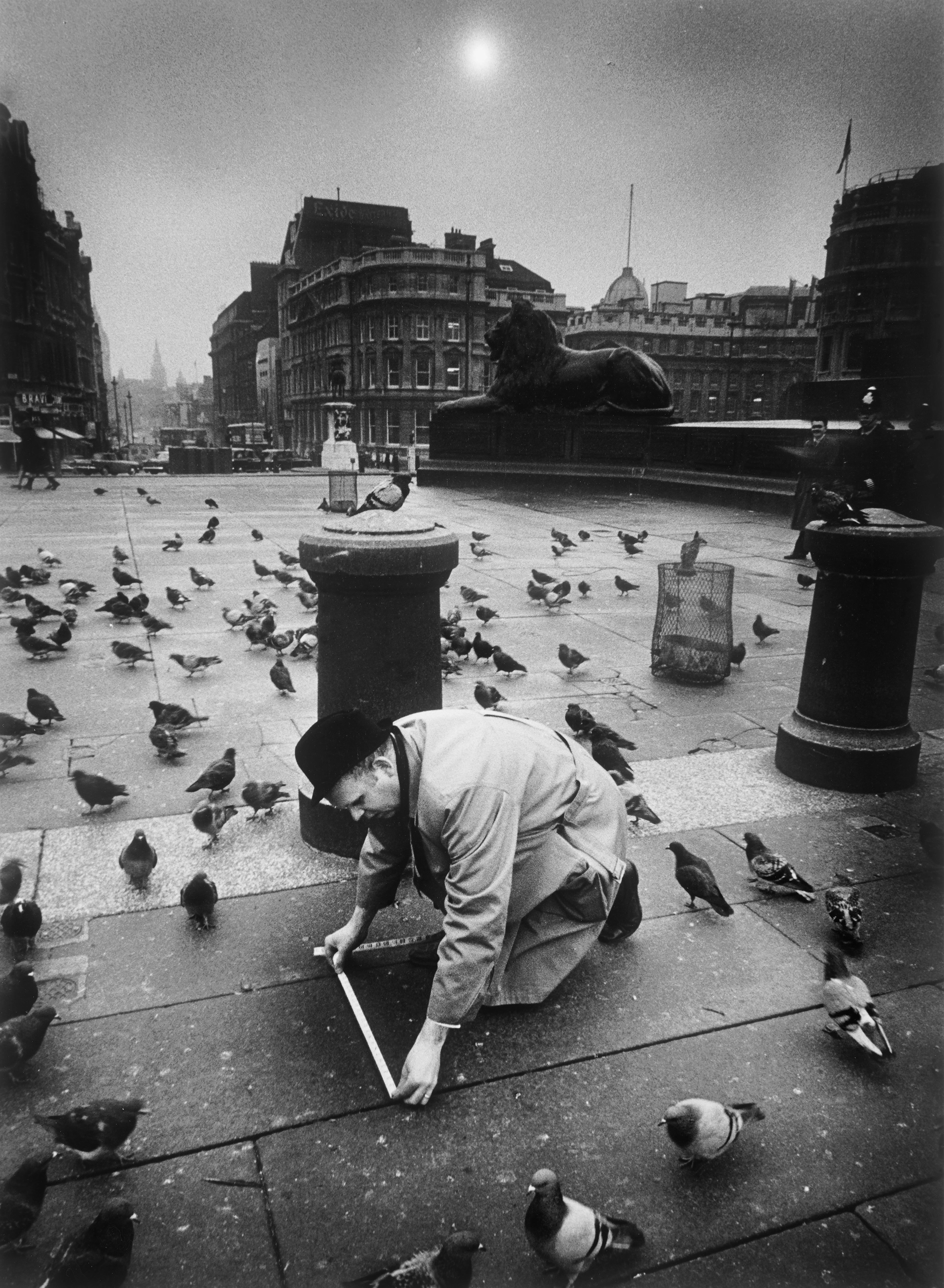 Black and white image of a man leaning forward and measuring the ground. He is surrounded by pigeons.