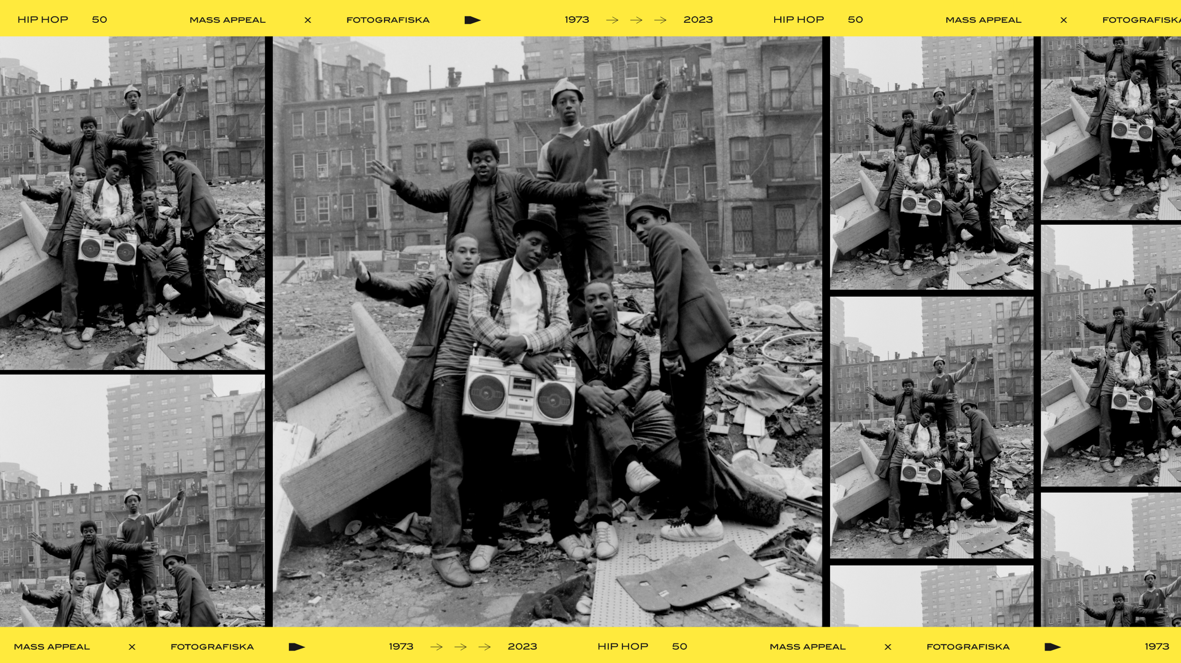 A collage of black and white photographs of a group of people holding a boom box in a city setting