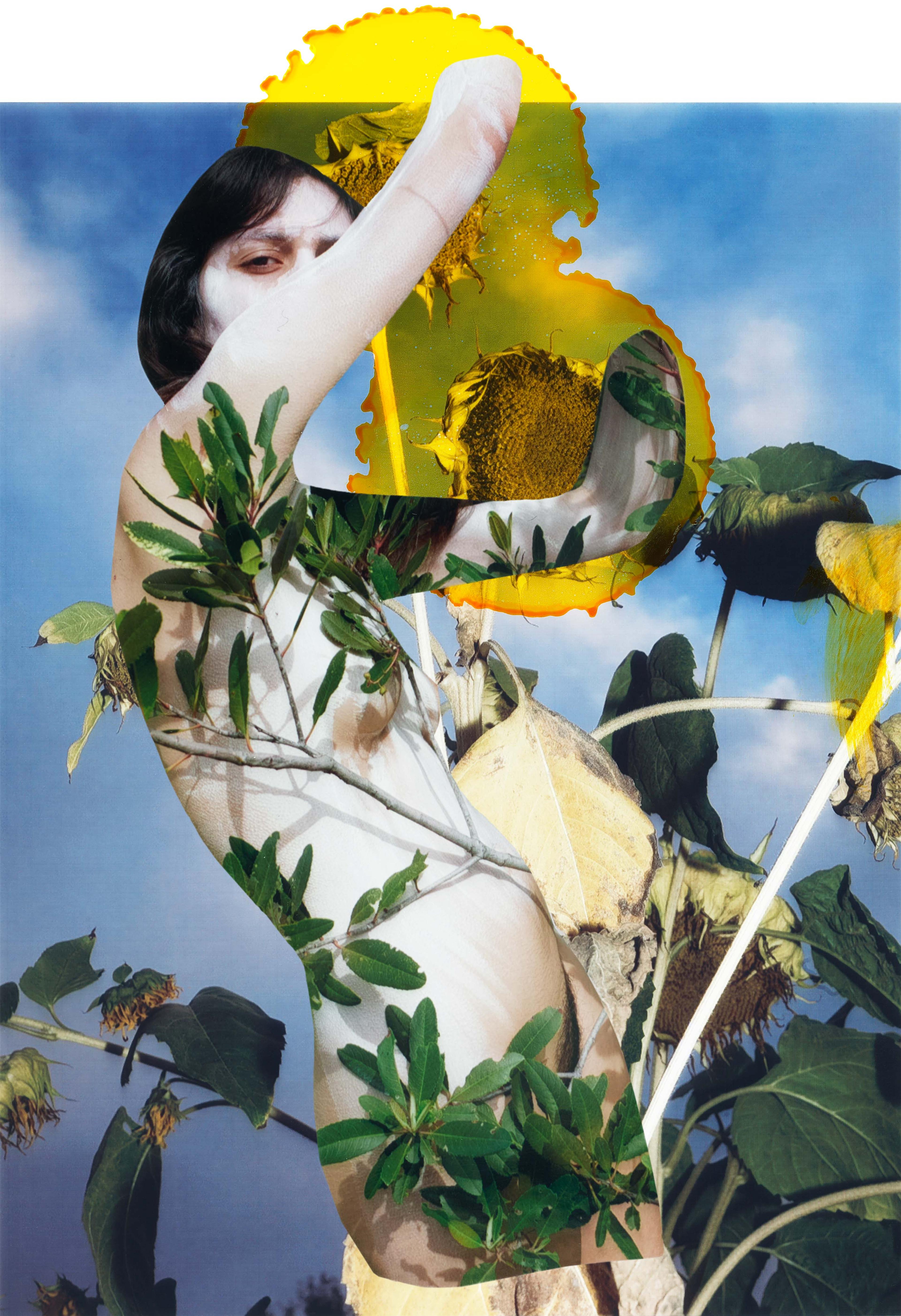 A photo collage of a person who is partially covered with greenery.