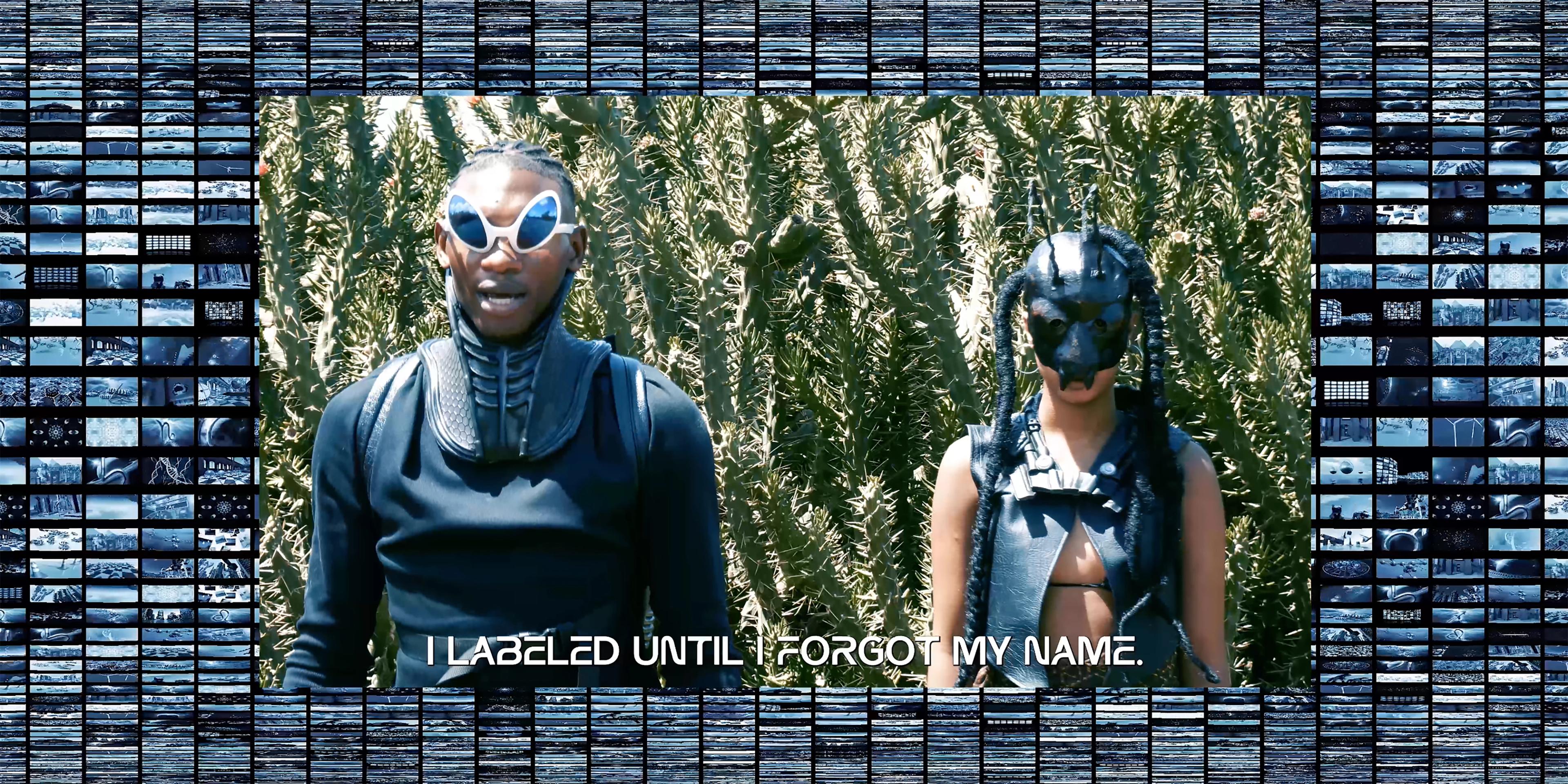 Video still showing a man and a women in a ant type armor in front of a plant
