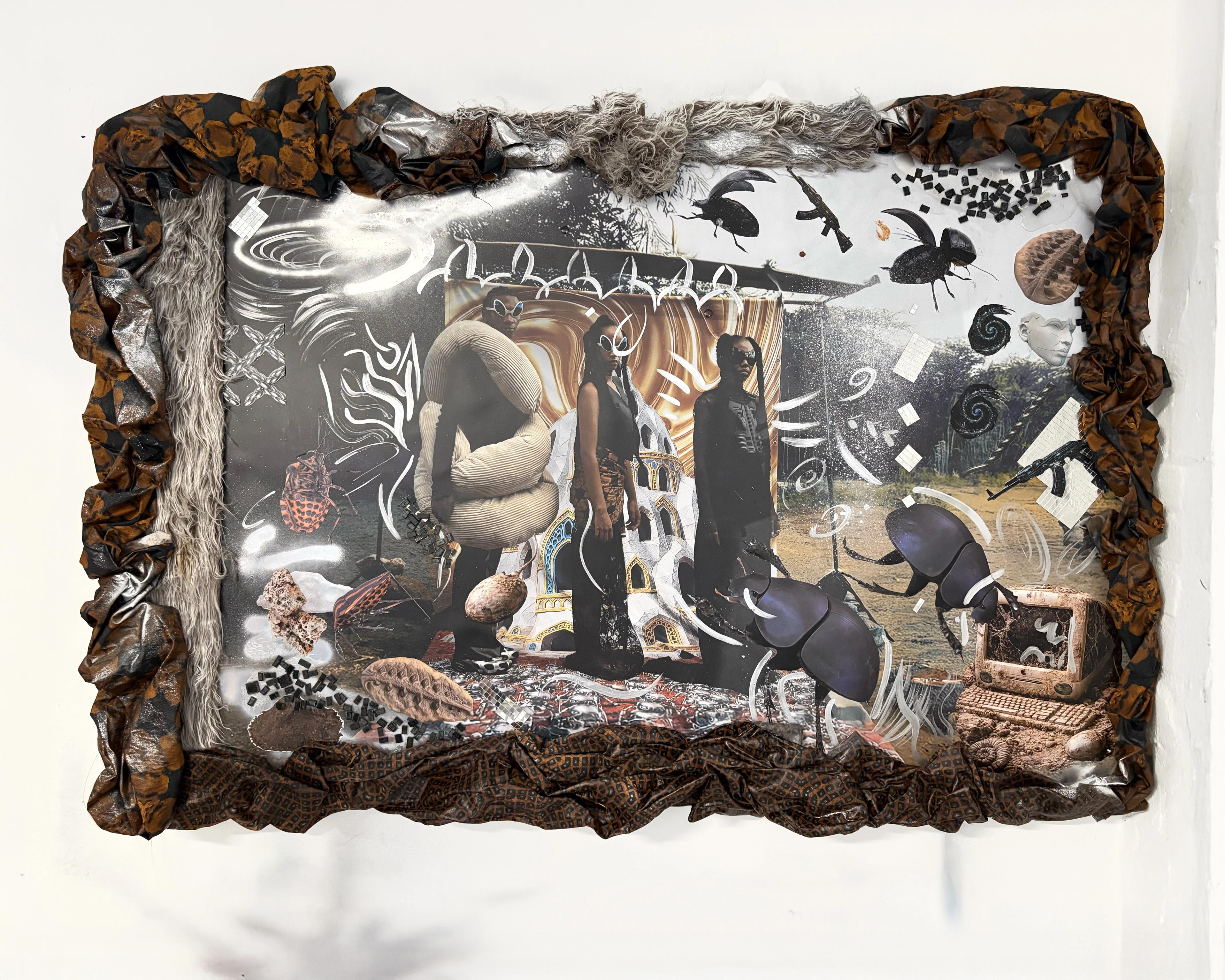 Collage artwork with brown metal frame, ants animals and humans