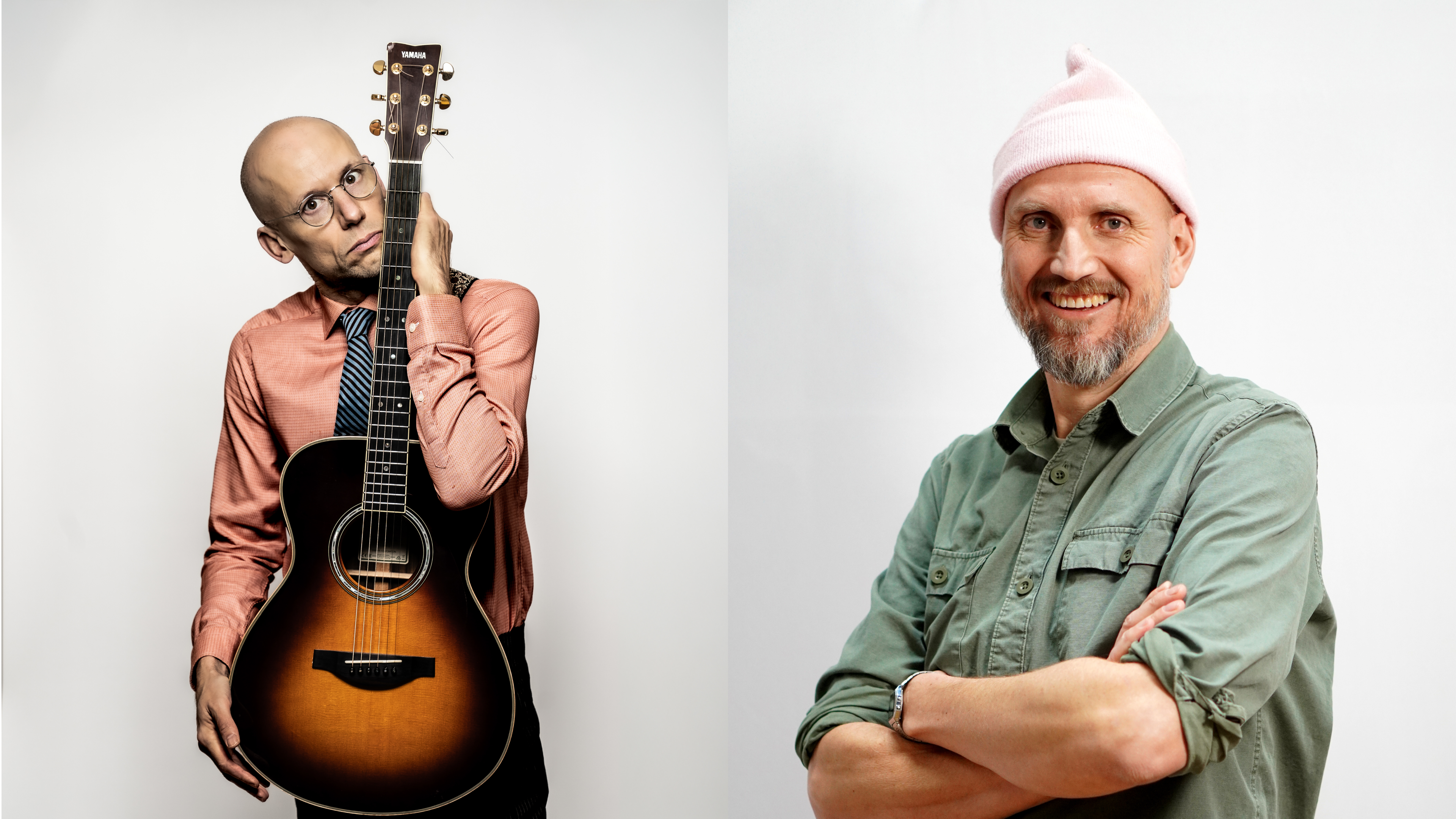 Collage showing: Comedians Ola Aurell with a guitar on the left and K Svensson in a pink beanie on the right, against a white background. 