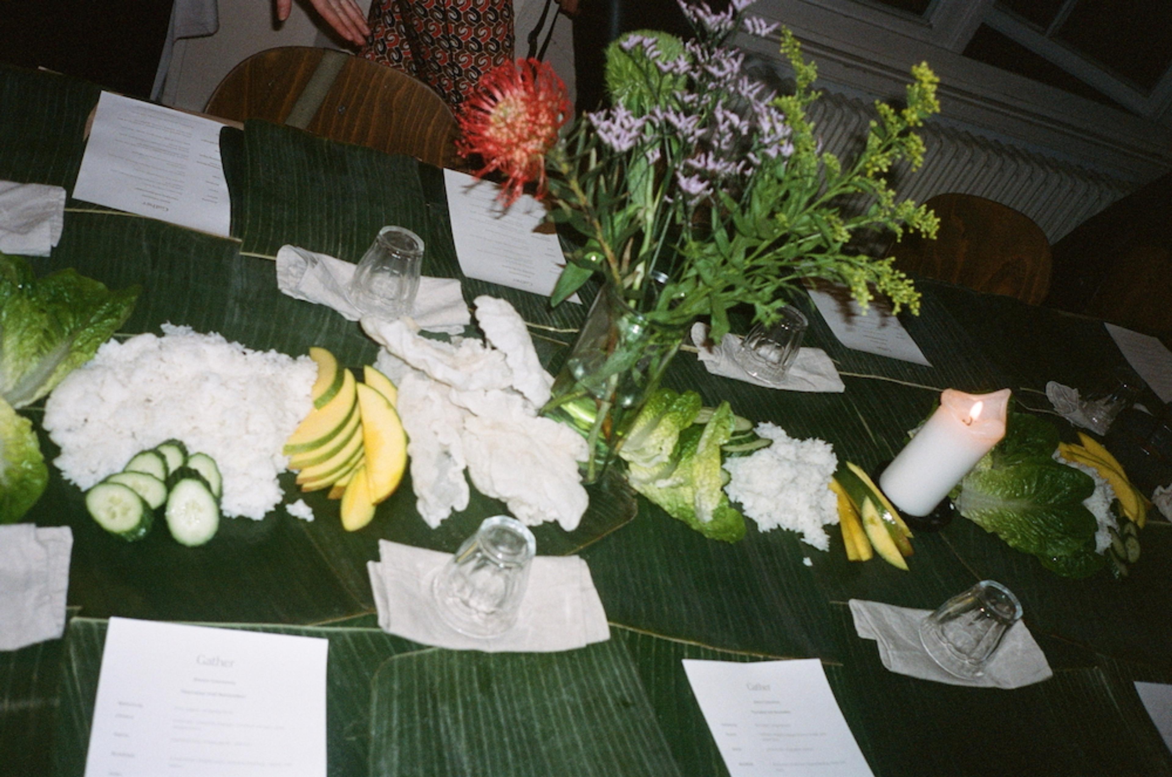 A beautiful display of appetizing food items which are presented on a table, ready to be served.