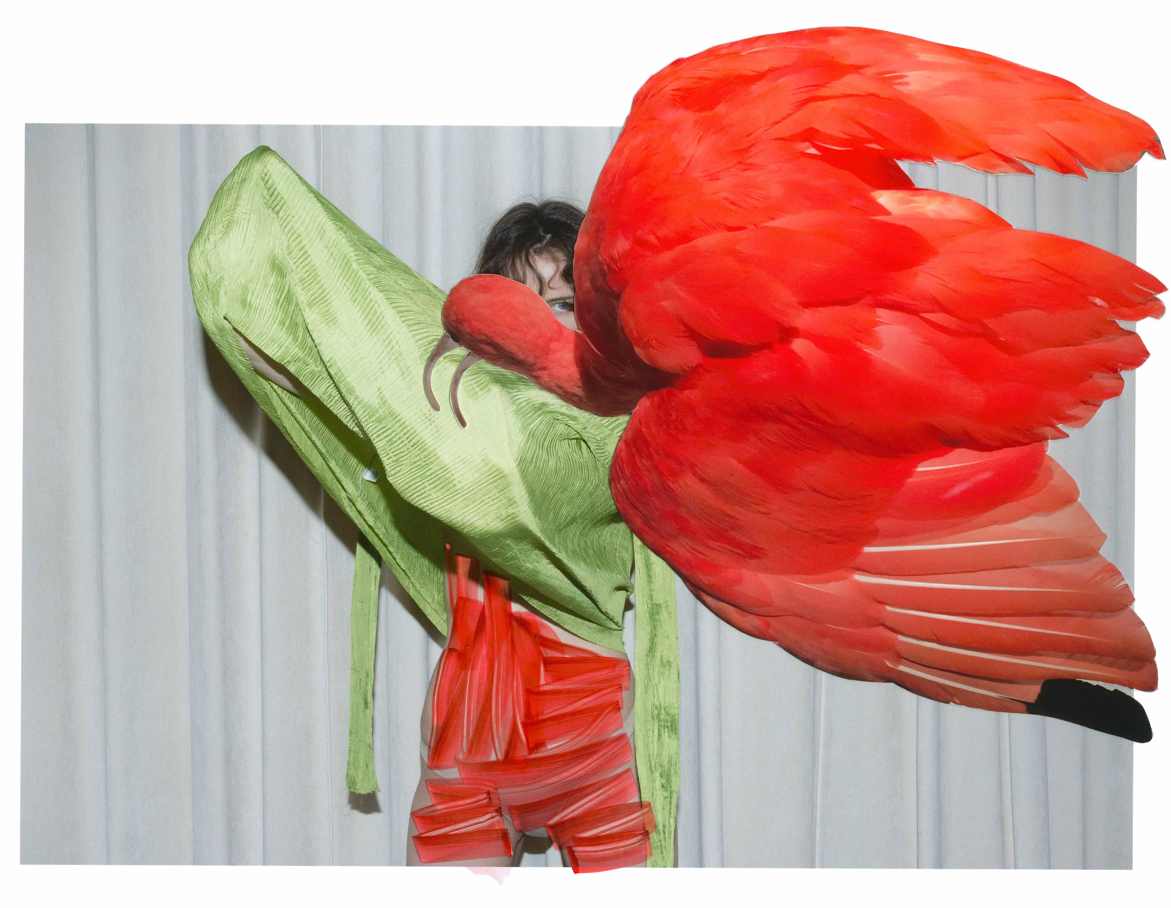 A photo collage of a person wearing green and red materials, partly covered by a red flamingo.