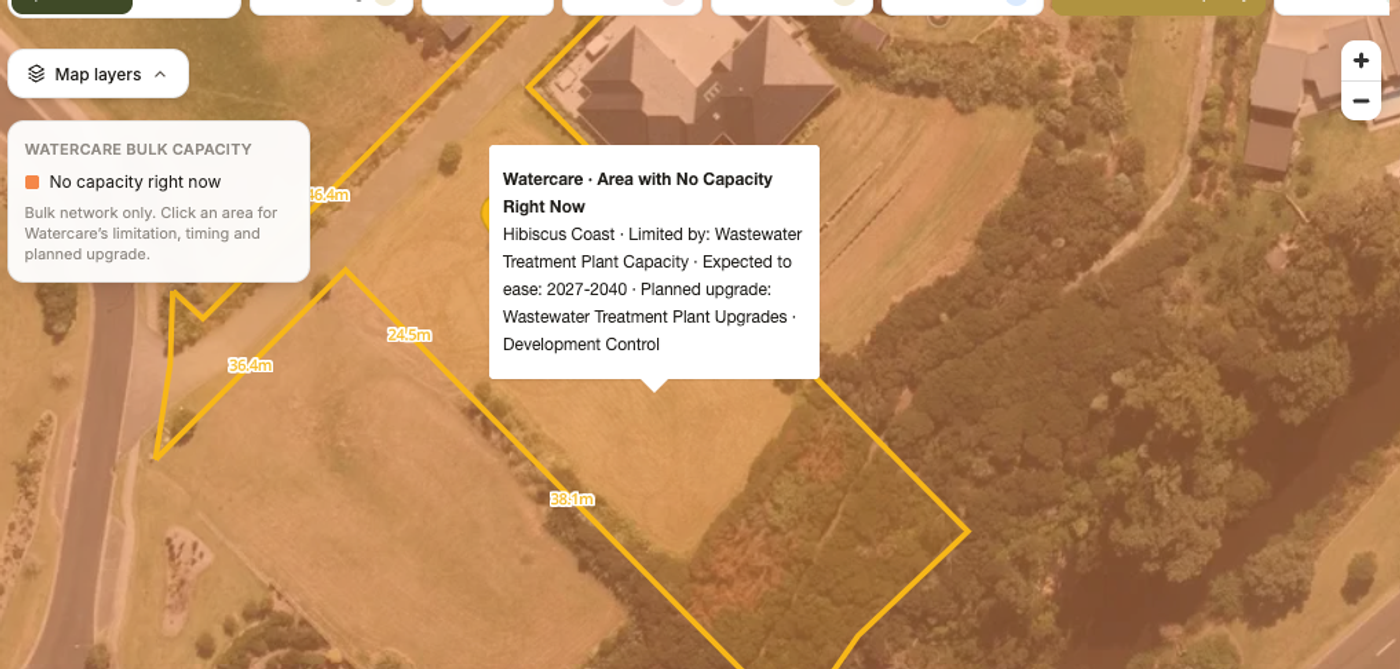 Watecare capacity layer shown, Creston Property internal feasibility tool