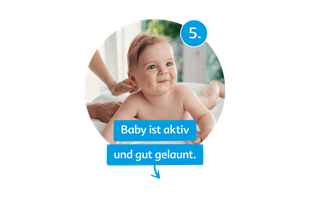 Grafik mit lachendem, wachem Baby in Bauchlage, Nummer 5 und Text: „Baby ist aktiv und gut gelaunt.“ als Anzeichen für zufriedenes Bäuchlein.