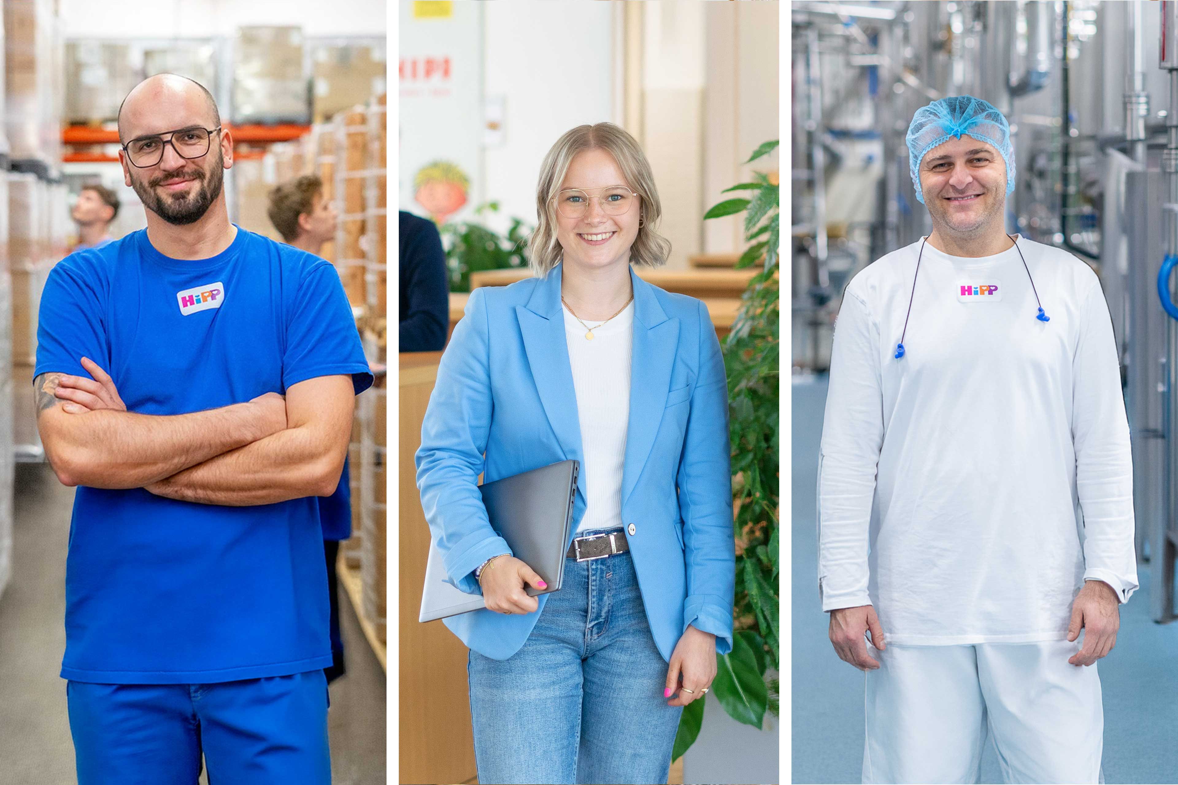 HiPP Mitarbeitende aus Logistik, Büro und Produktion lächeln in ihren Arbeitsbereichen und zeigen die Vielfalt der Jobs bei HiPP.