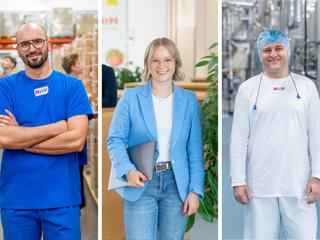 HiPP Mitarbeitende aus Logistik, Büro und Produktion lächeln in ihren Arbeitsbereichen und zeigen die Vielfalt der Jobs bei HiPP.