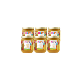 Sechserpack HiPP Bio-Fruchtgläschen Mango und Mango-Erdbeere in Apfel, jeweils 160 g