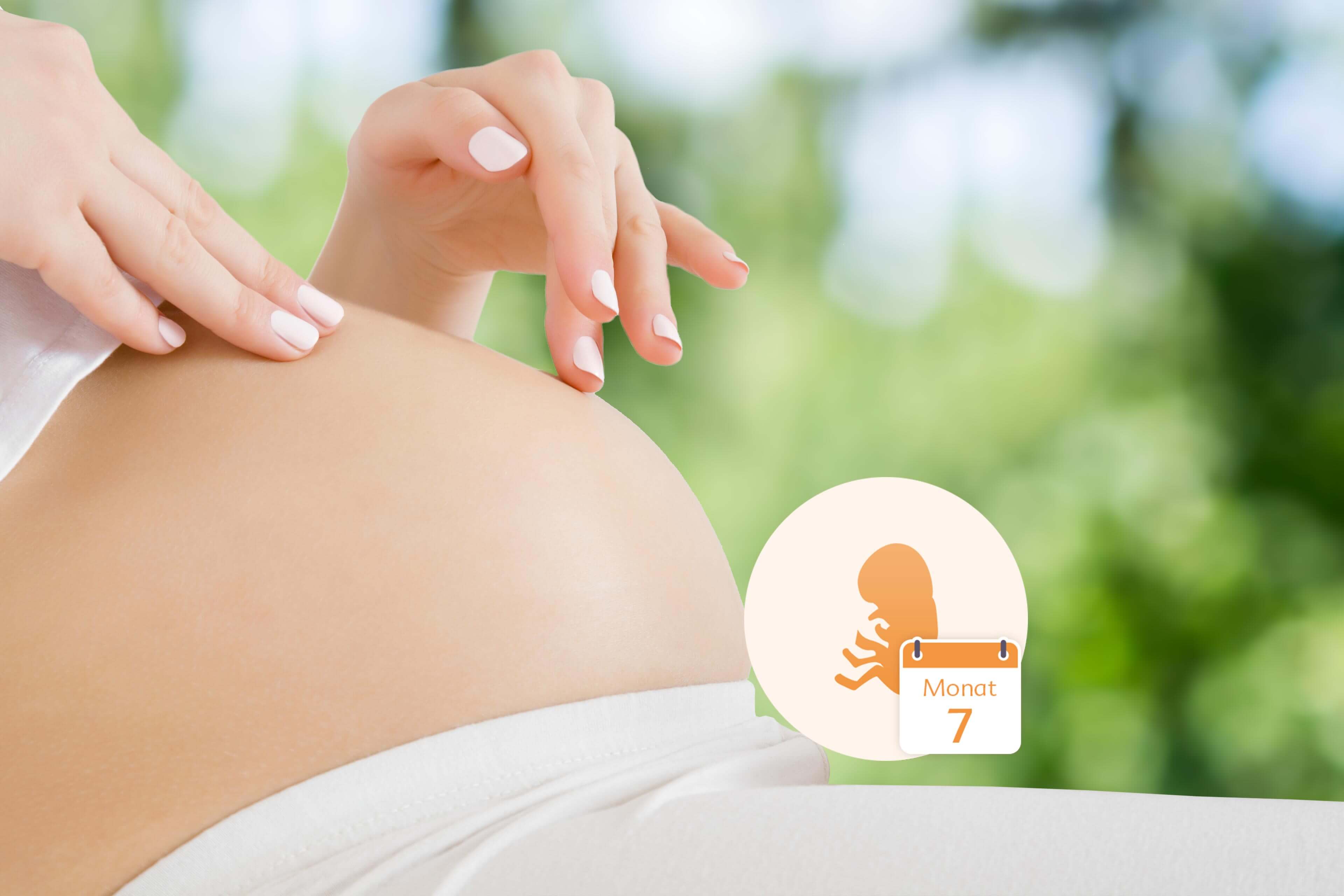 Nahaufnahme des Bauches einer schwangeren Frau mit einer Hand, die ihn sanft berührt, und einer Grafik eines Fötus innerhalb eines Kreises, neben dem das Datum "Monat 7" steht.