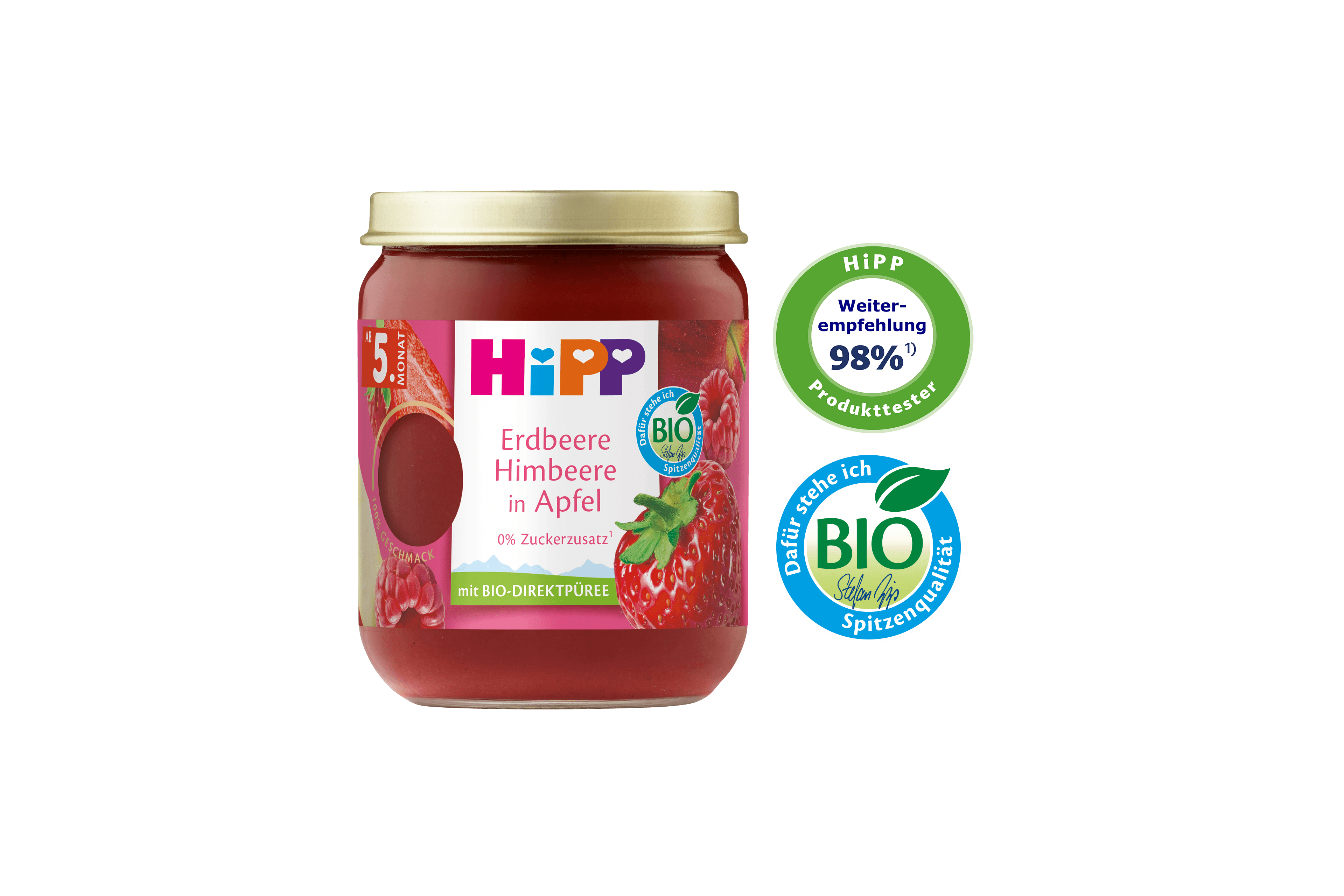 HiPP Gläschen „Erdbeere Himbeere in Apfel“ mit BIO-Direktpüree, 0 % Zuckerzusatz, daneben 98 % Weiterempfehlungs- und HiPP BIO-Siegel.