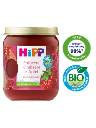 HiPP Gläschen „Erdbeere Himbeere in Apfel“ mit BIO-Direktpüree, 0 % Zuckerzusatz, daneben 98 % Weiterempfehlungs- und HiPP BIO-Siegel.