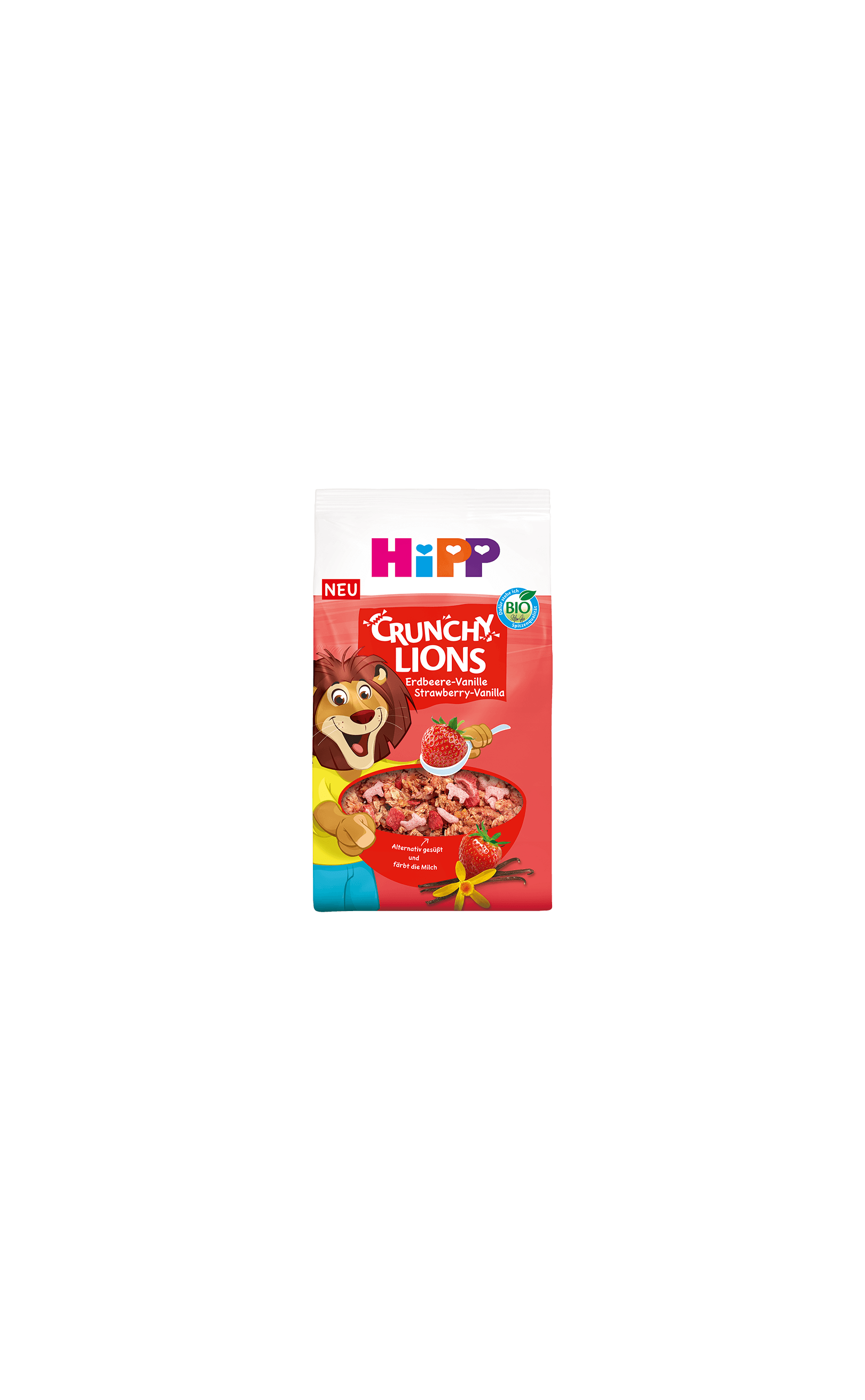 HiPP Crunchy Lions Erdbeere-Vanille Bio-Kinder-Müsli-Packung mit roter Schale und fröhlichem Löwenmaskottchen