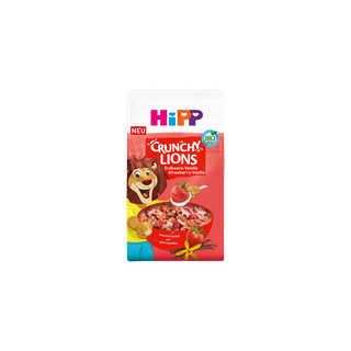 HiPP Crunchy Lions Erdbeere-Vanille Bio-Kinder-Müsli-Packung mit roter Schale und fröhlichem Löwenmaskottchen