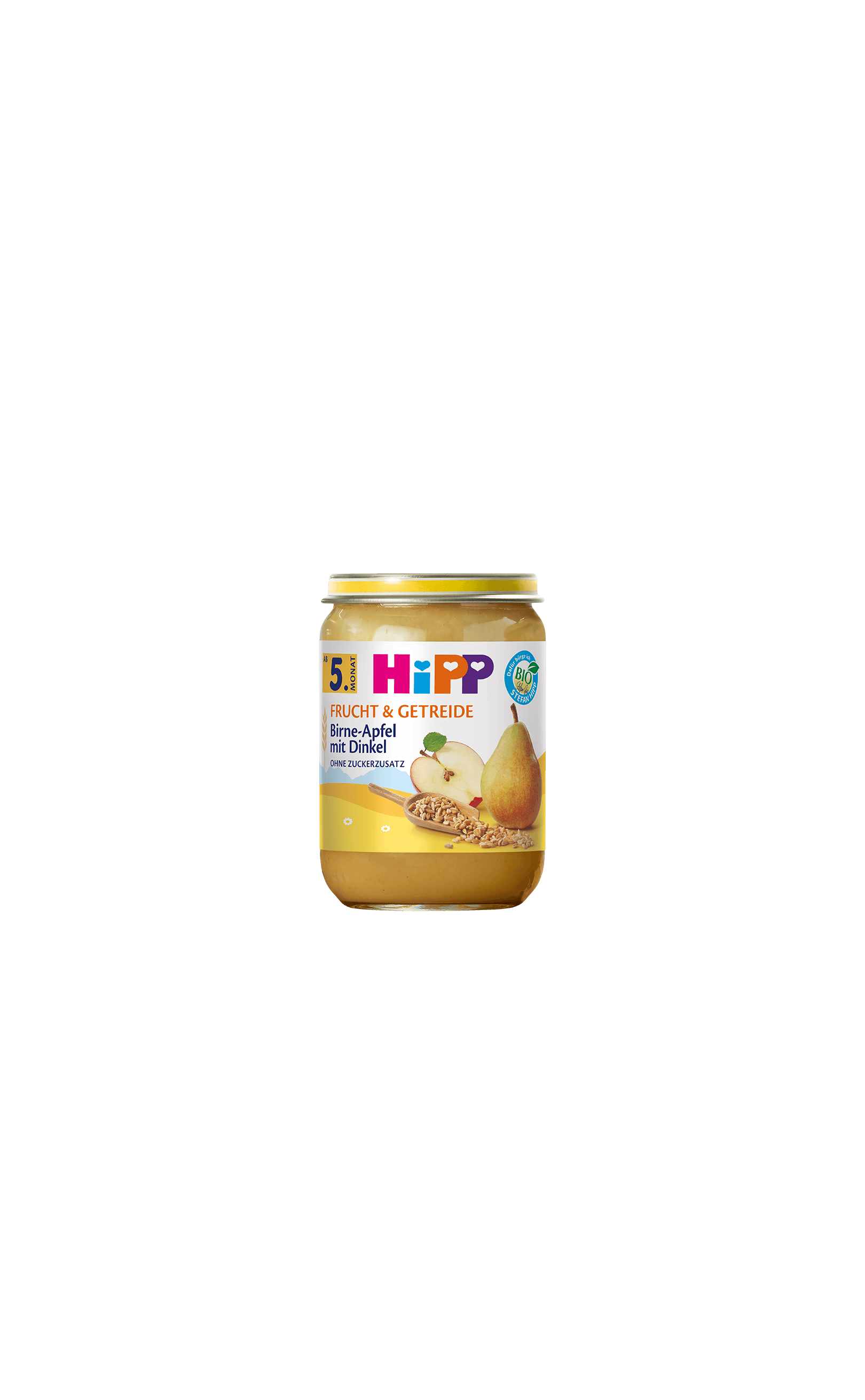 HiPP Bio Frucht & Getreide Glas Birne-Apfel mit Dinkel für Babys ab dem 5. Monat vor schwarzem Hintergrund