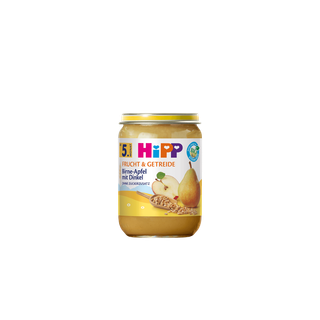 HiPP Bio Frucht & Getreide Glas Birne-Apfel mit Dinkel für Babys ab dem 5. Monat vor schwarzem Hintergrund