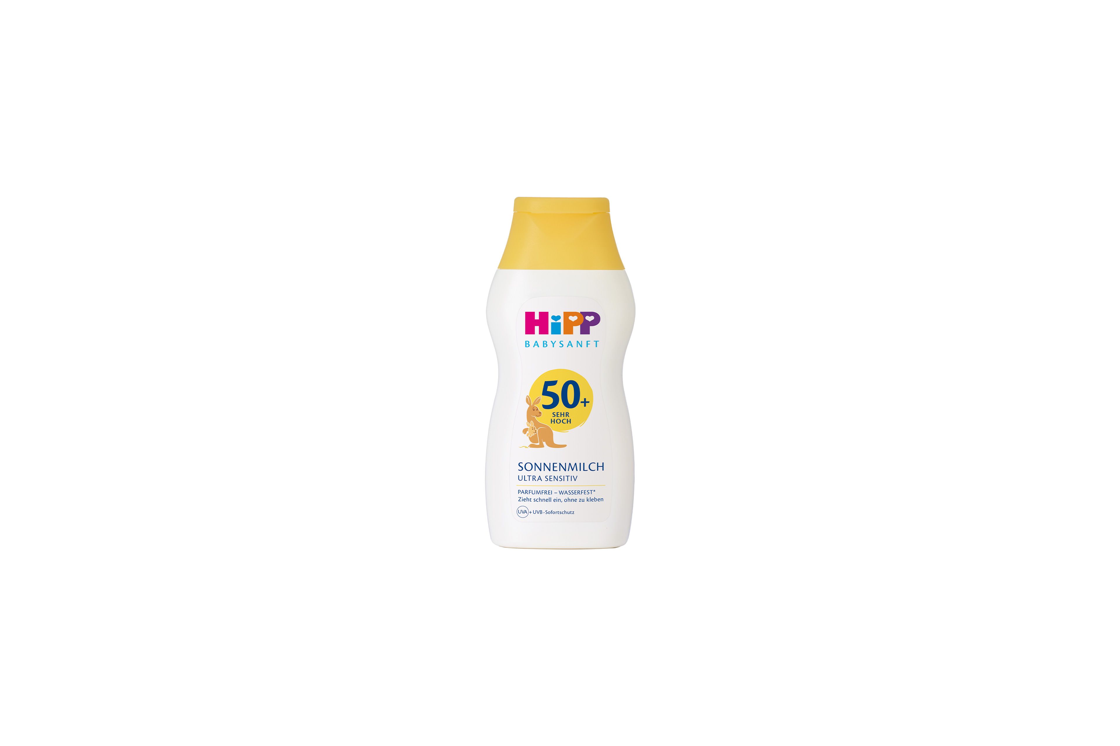 HiPP Babysanft Sonnenmilch LSF 50+ Flasche für sensible Baby- und Kinderhaut auf weißem Hintergrund