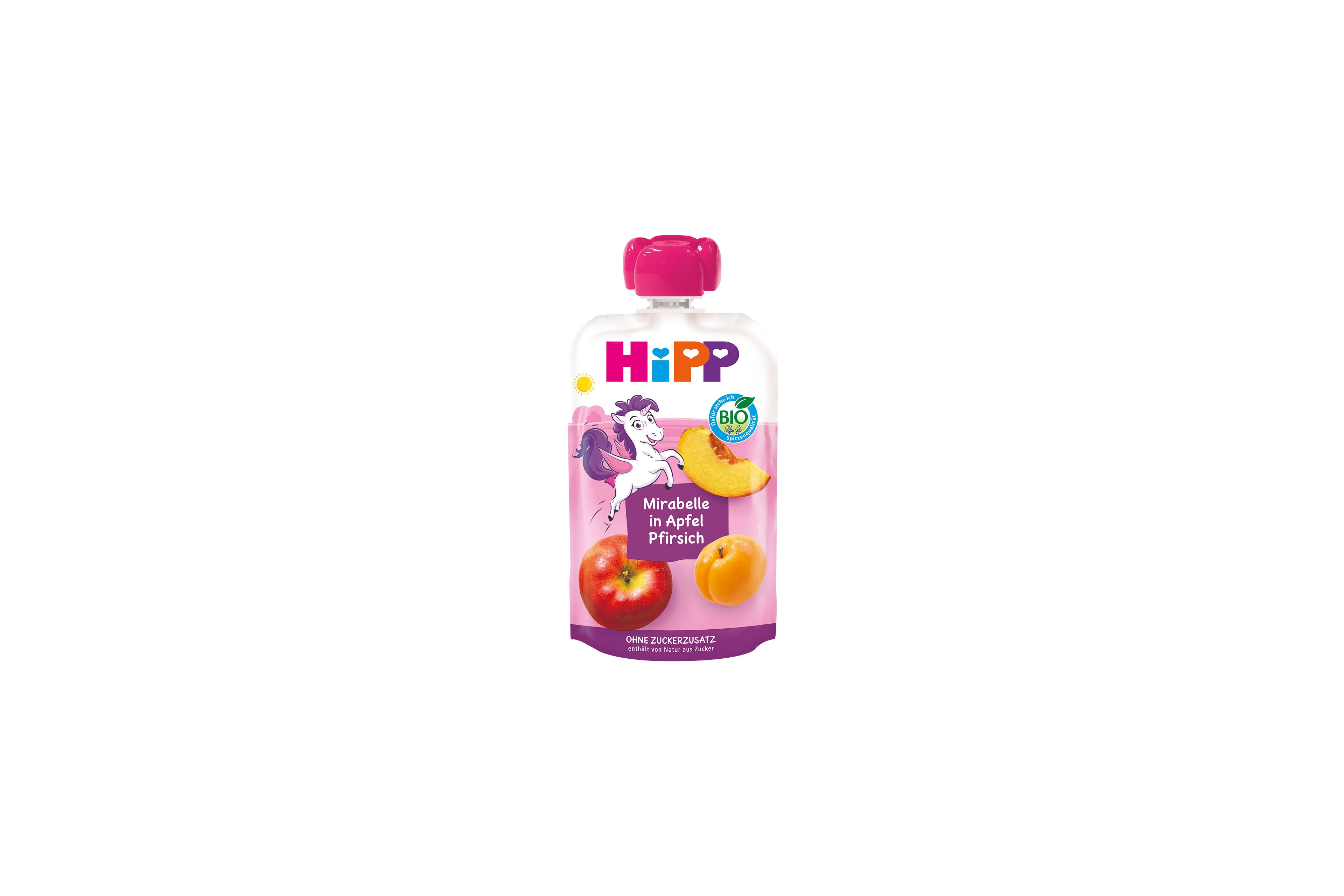 HiPP Bio-Quetschbeutel Mirabelle in Apfel Pfirsich mit Einhornmotiv, fruchtiger Snack ab 1 Jahr ohne Zuckerzusatz