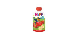 HiPP Bio-Quetschbeutel „Erdbeere Banane in Apfel“ mit Apfel-, Erdbeer- und Bananenmotiv sowie Tukan-Illustration auf der Vorderseite