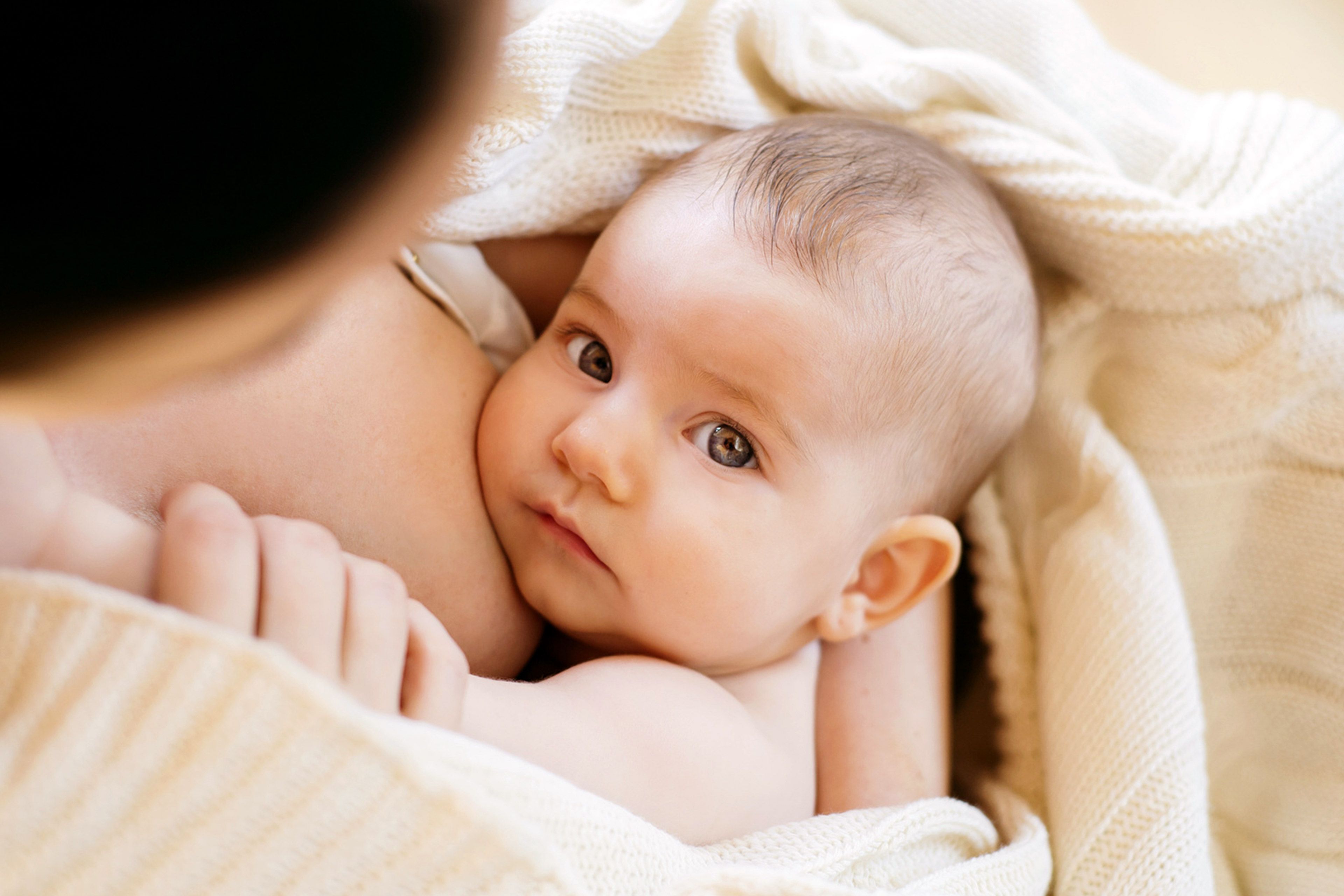 Ein zärtlicher Moment zwischen einer Mutter und ihrem Baby, wobei das Baby direkt in die Kamera schaut und die Hand der Mutter das Baby sanft wiegt.
