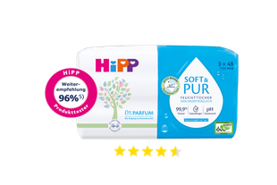 HiPP HOCHVERTRÄGLICH Soft & Pur Feuchttücher-Packung mit 0% Parfum, 99,9% Wasser, DAAB-Siegel und 5-Sterne-Bewertung.