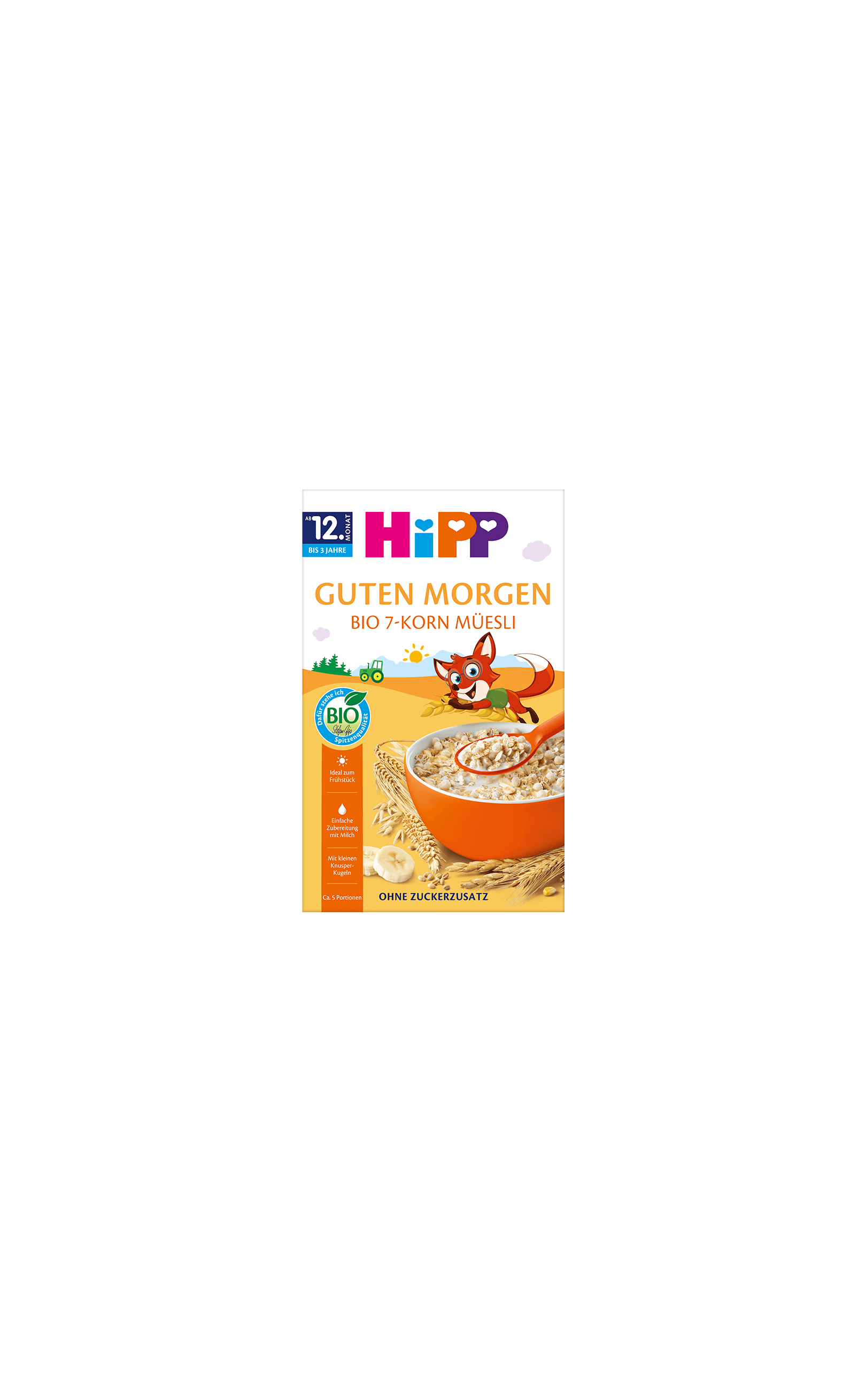 HiPP Guten Morgen Bio 7-Korn-Müesli Packung mit orangener Müslischale und kindlichem Fuchs-Motiv für Kleinkinder ab 1 Jahr