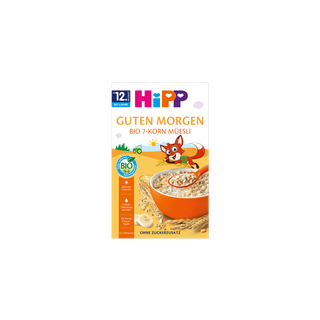 HiPP Guten Morgen Bio 7-Korn-Müesli Packung mit orangener Müslischale und kindlichem Fuchs-Motiv für Kleinkinder ab 1 Jahr