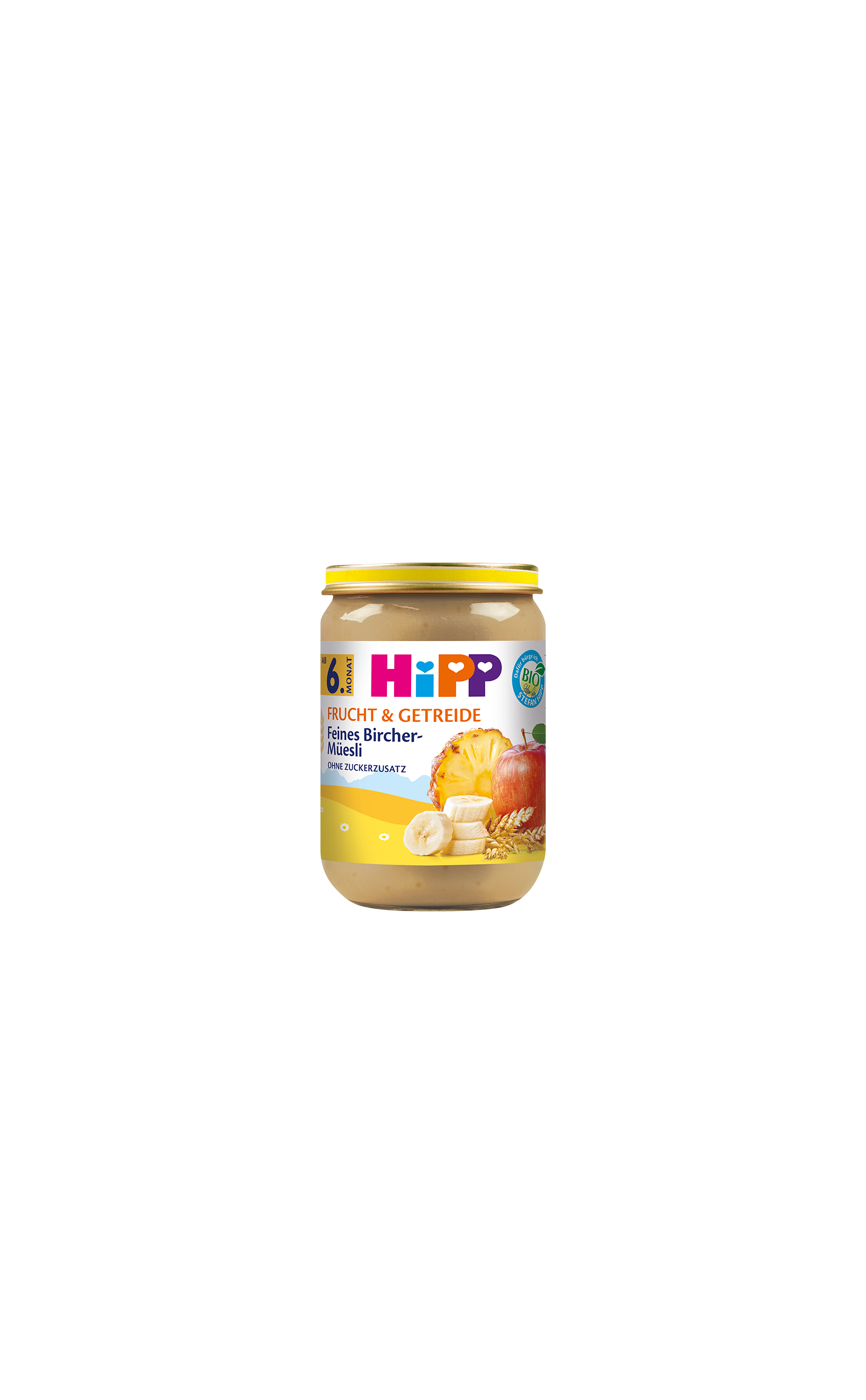 HiPP Frucht & Getreide Feines Bircher-Müesli Bio-Babygläschen ab 6. Monat vor schwarzem Hintergrund