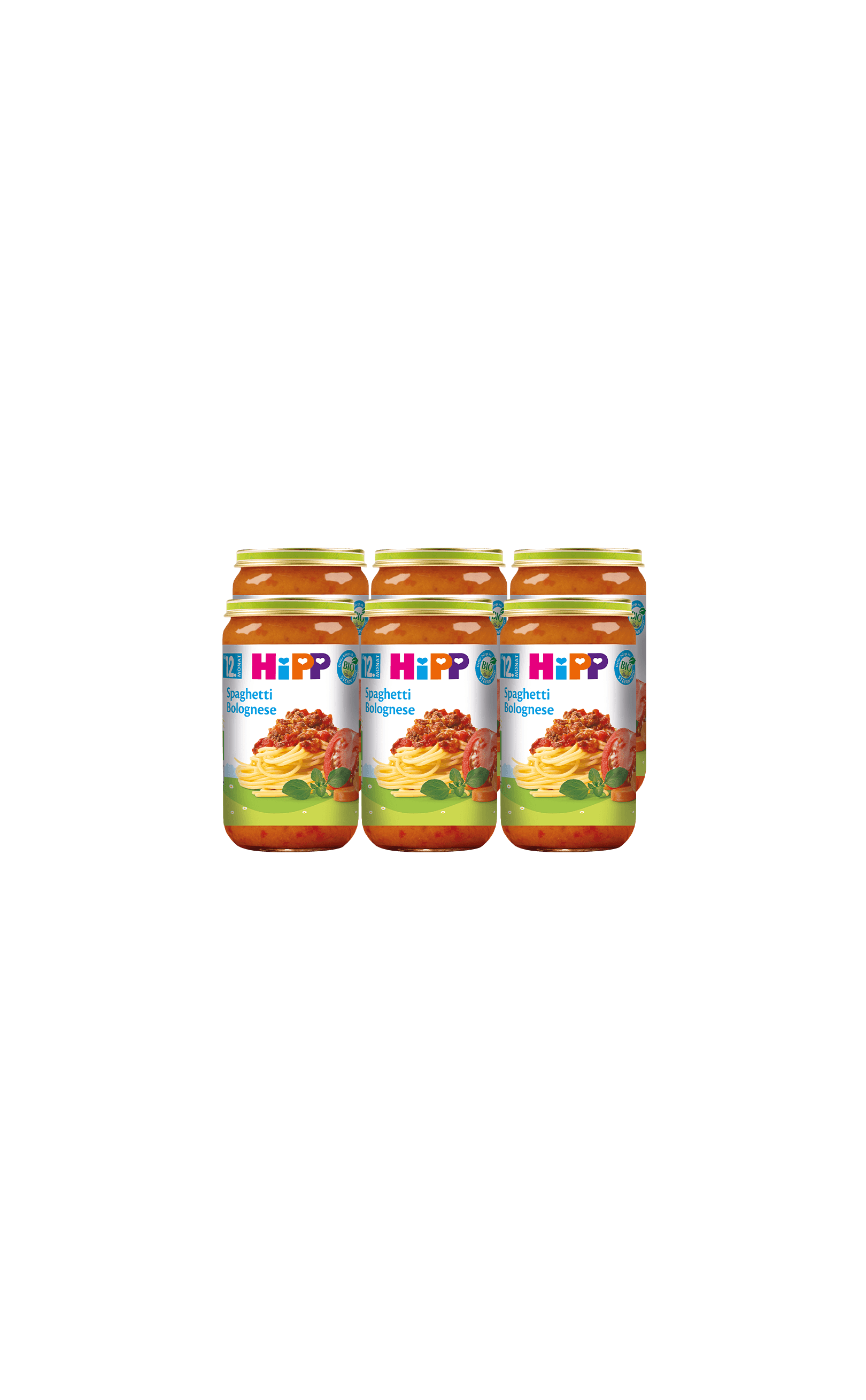Sechserpack HiPP Bio-Gläschen Spaghetti Bolognese à 250 g für Babys ab 12 Monaten vor schwarzem Hintergrund