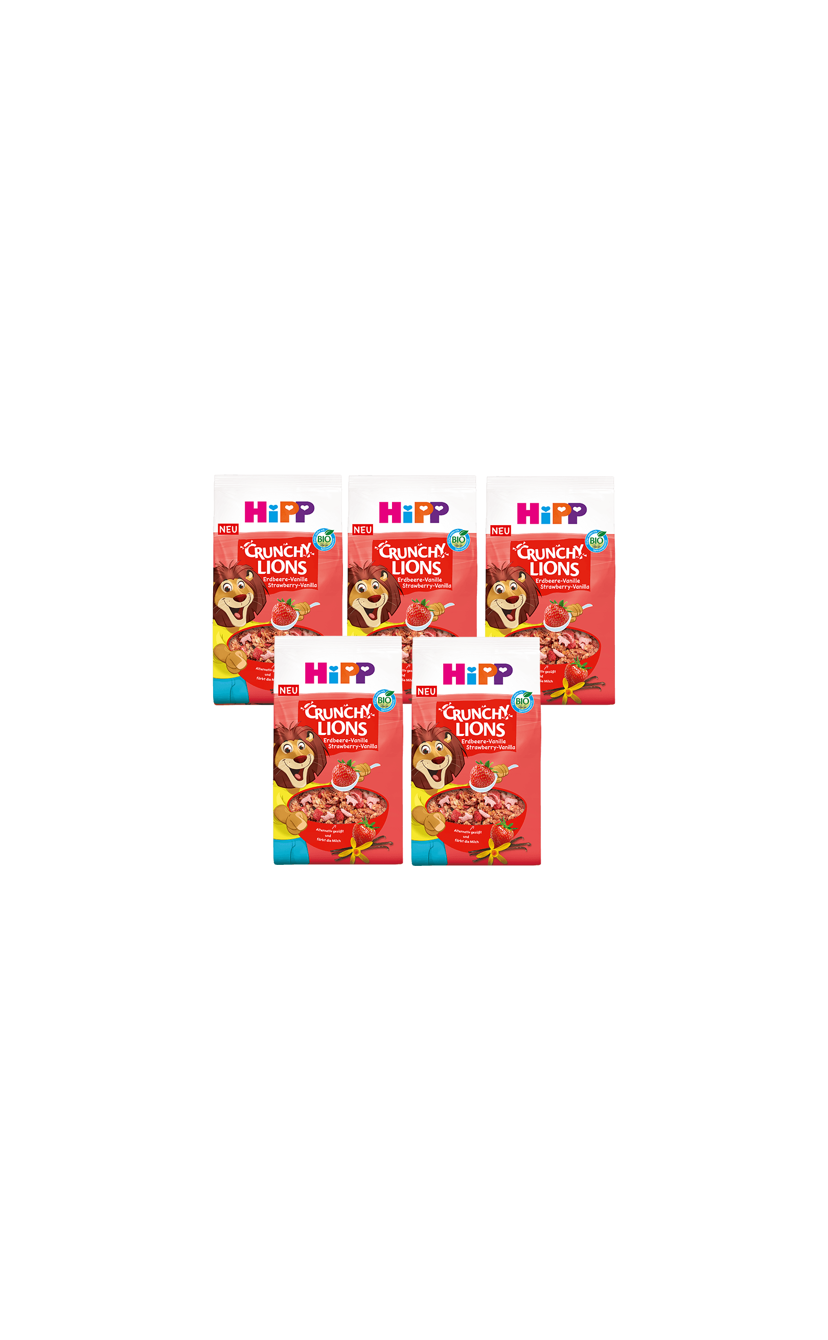 Fünferpack HiPP Crunchy Lions Bio-Kinder-Cerealien Erdbeer-Vanille, 5 x 300 g Beutel vor schwarzem Hintergrund