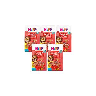 Fünferpack HiPP Crunchy Lions Bio-Kinder-Cerealien Erdbeer-Vanille, 5 x 300 g Beutel vor schwarzem Hintergrund