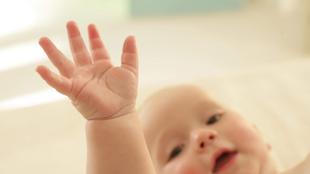 Ein Baby mit erhobener Hand und konzentriertem Blick auf die Kamera.