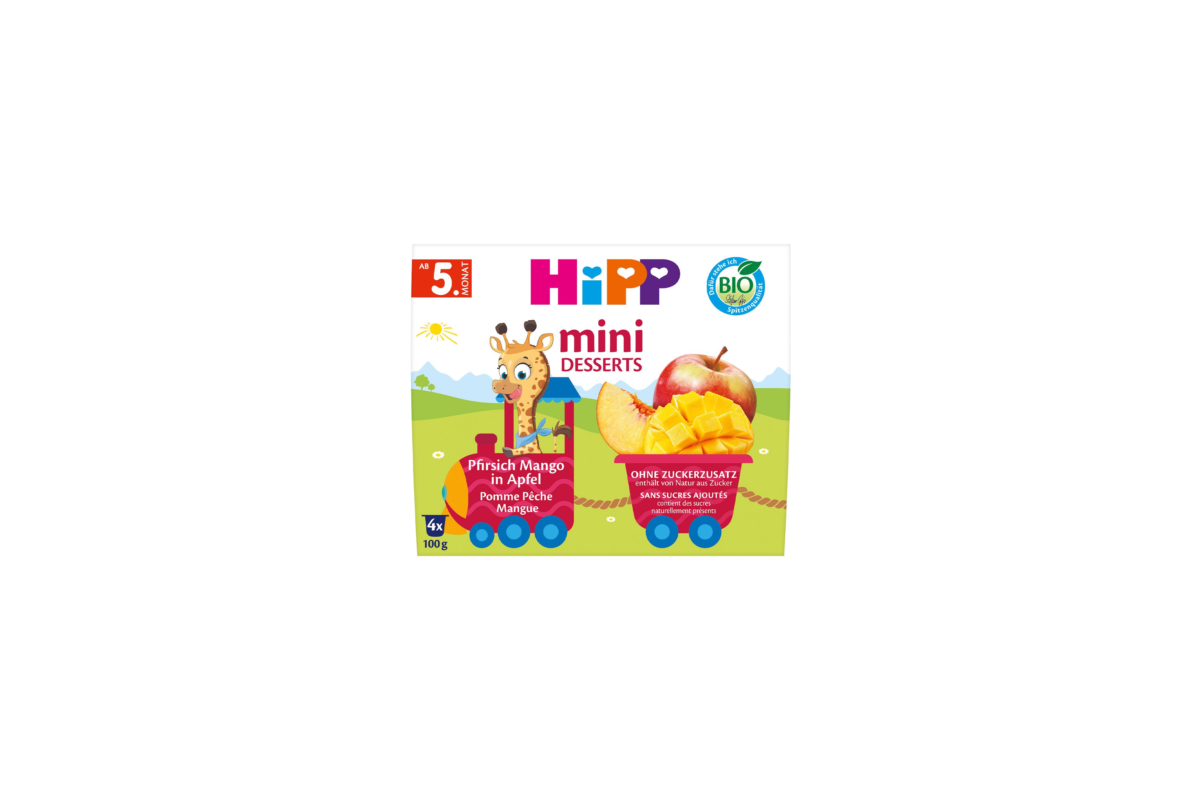 HiPP Mini Desserts Pfirsich Mango in Apfel, Bio-Baby-Dessert ab 5. Monat ohne Zuckerzusatz in bunter Tierzug-Verpackung