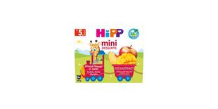 HiPP Mini Desserts Pfirsich Mango in Apfel, Bio-Baby-Dessert ab 5. Monat ohne Zuckerzusatz in bunter Tierzug-Verpackung