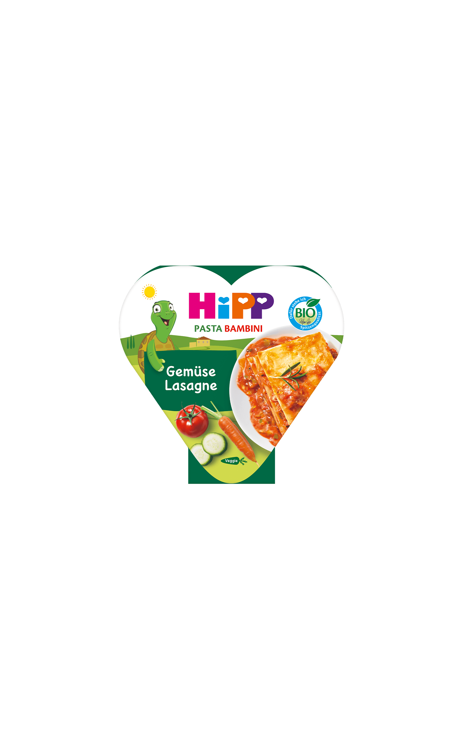 HiPP Pasta Bambini Gemüse Lasagne in herzförmiger Bio-Verpackung mit Lasagnebild und Gemüseillustrationen
