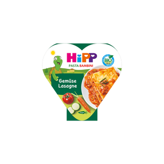 HiPP Pasta Bambini Gemüse Lasagne in herzförmiger Bio-Verpackung mit Lasagnebild und Gemüseillustrationen