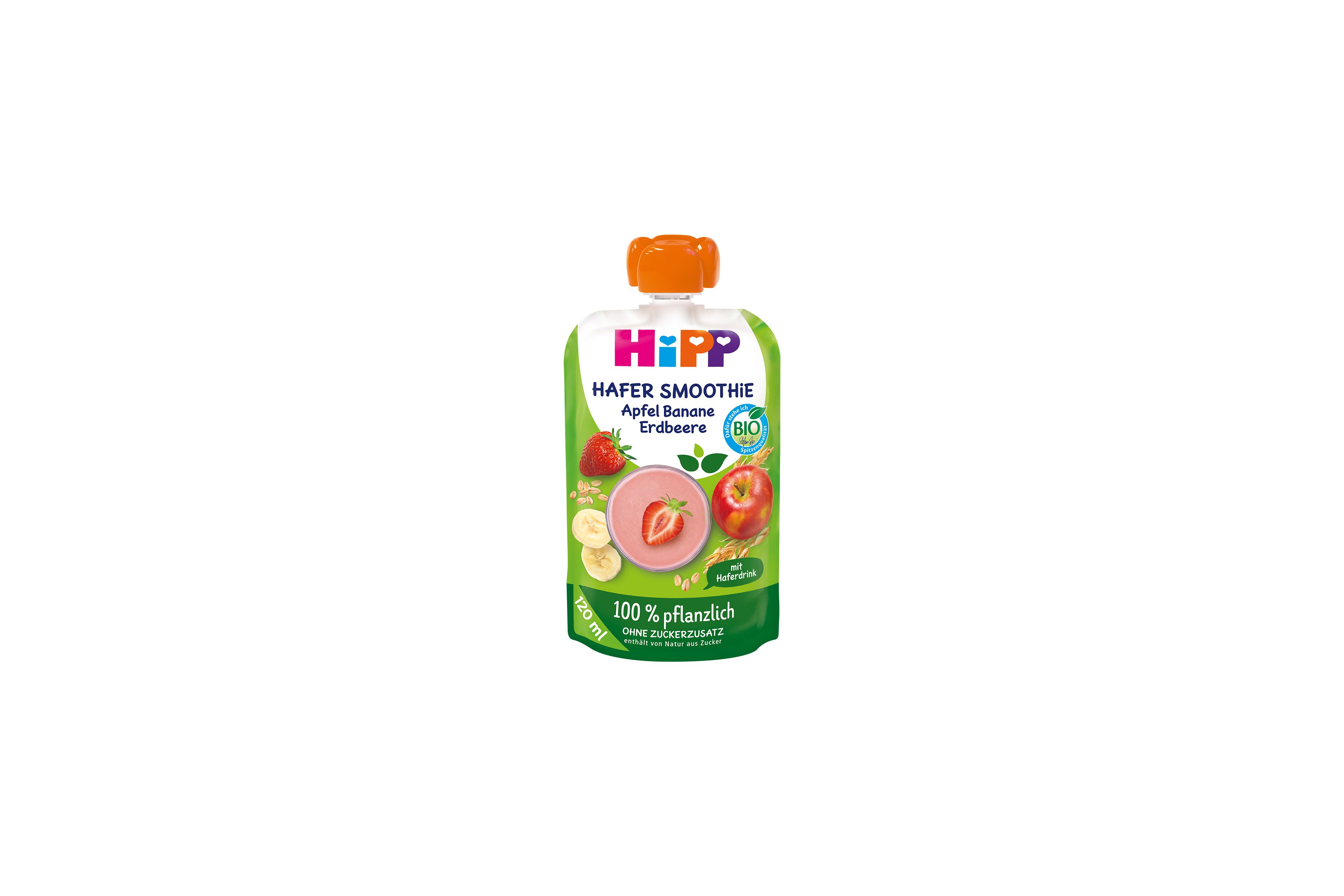 HiPP Hafer Smoothie Quetschbeutel Apfel Banane Erdbeere, 100 % pflanzlich in Bio-Qualität mit Haferdrink