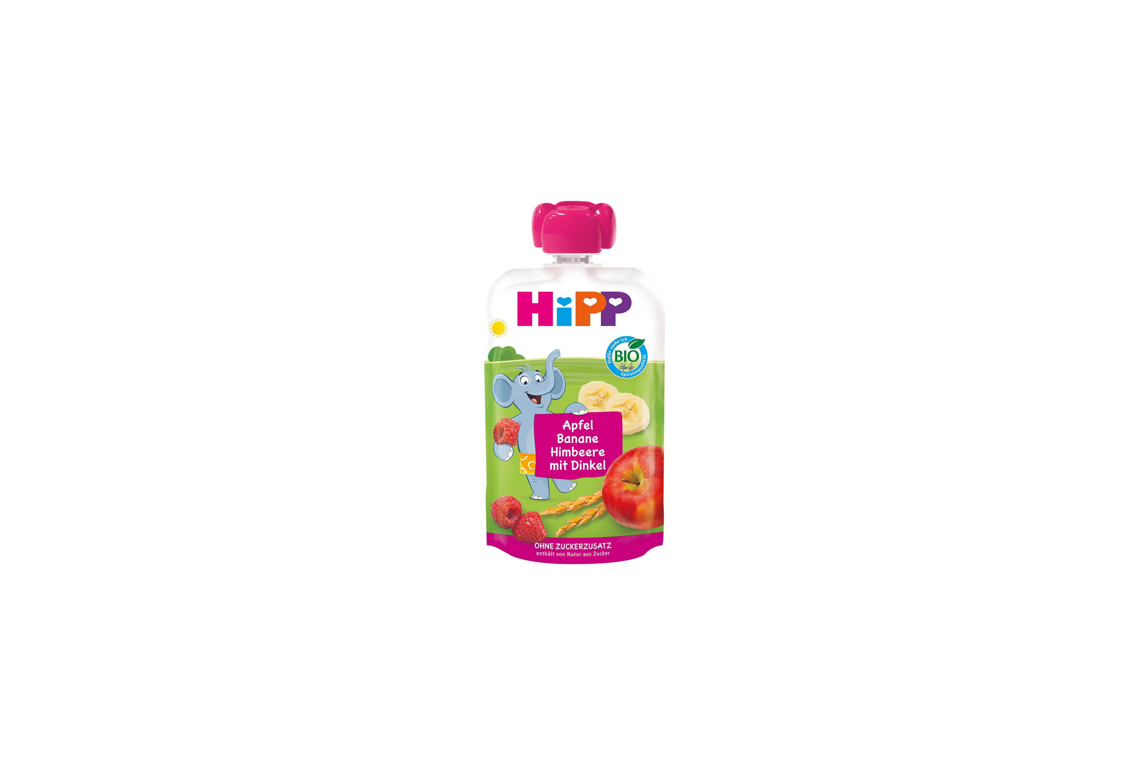 HiPP Bio-Quetschbeutel Apfel Banane Himbeere mit Dinkel mit Elefantenmotiv und Früchten auf der Verpackung vor weißem Hintergrund