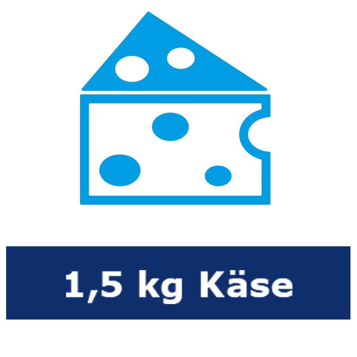 Stilisierte Zeichnung eines Käsestücks mit mehreren Löchern über dem Schriftzug '1,5 kg Käse'.