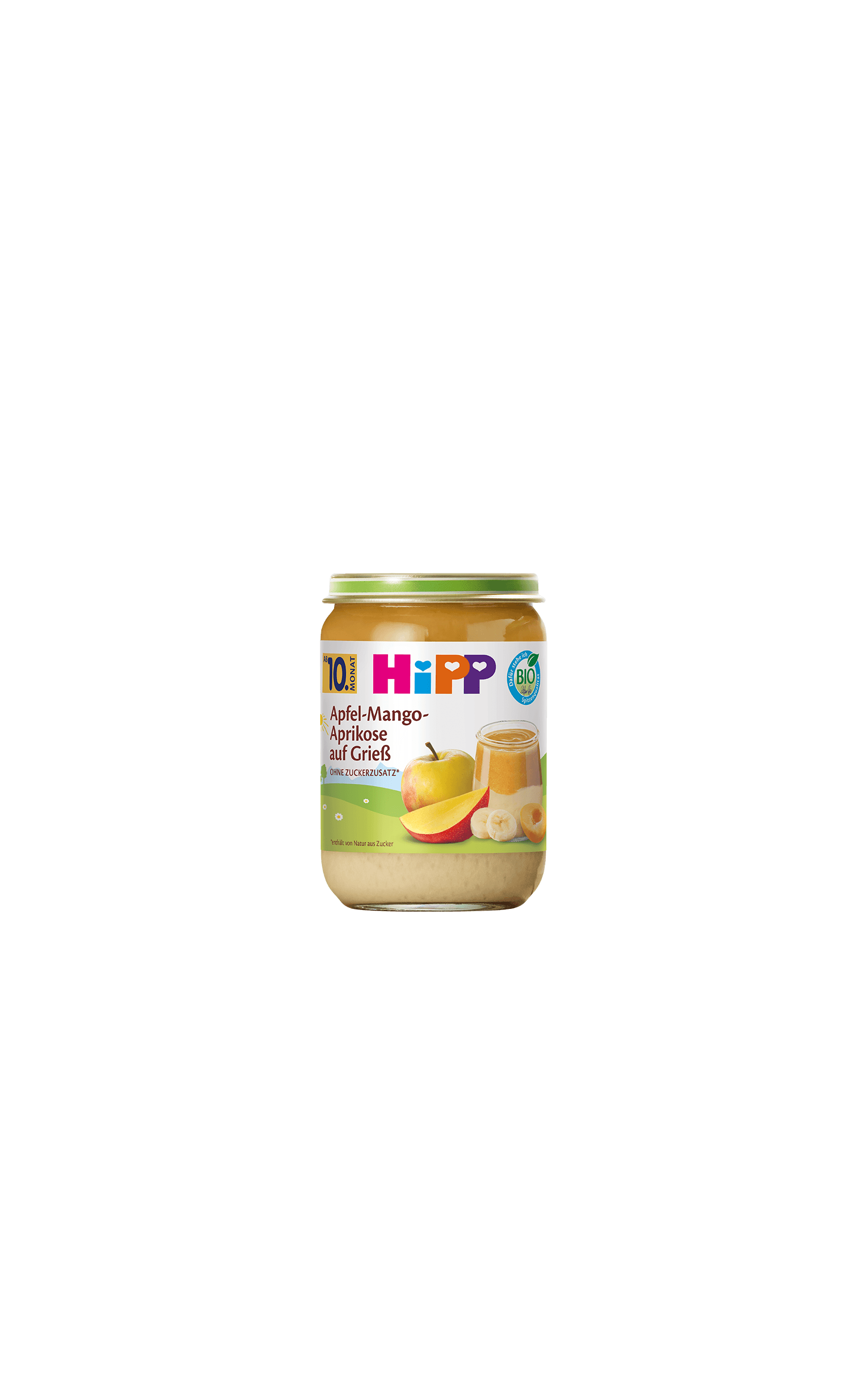 HiPP Bio-Gläschen Apfel-Mango-Aprikose auf Grieß für Babys ab 10. Monat, Frucht-Getreide-Dessert im Glas