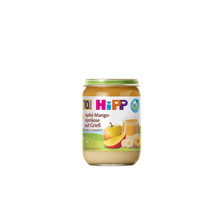 HiPP Bio-Gläschen Apfel-Mango-Aprikose auf Grieß für Babys ab 10. Monat, Frucht-Getreide-Dessert im Glas