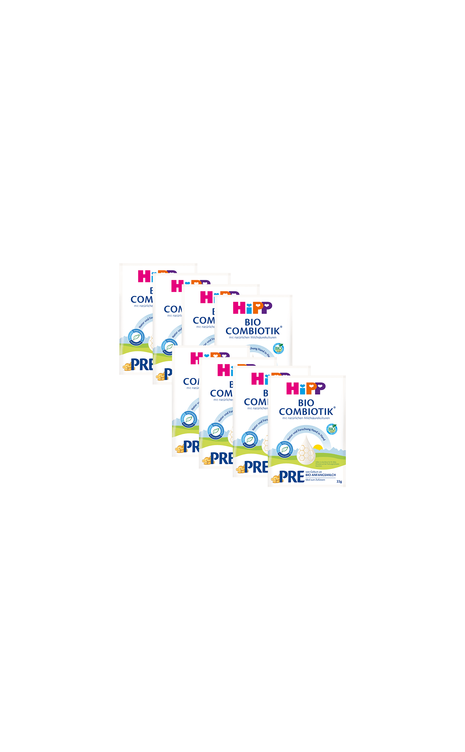 Packung mit 8 Sachets HiPP Bio Combiotik PRE Anfangsmilch à 22 g auf schwarzem Hintergrund