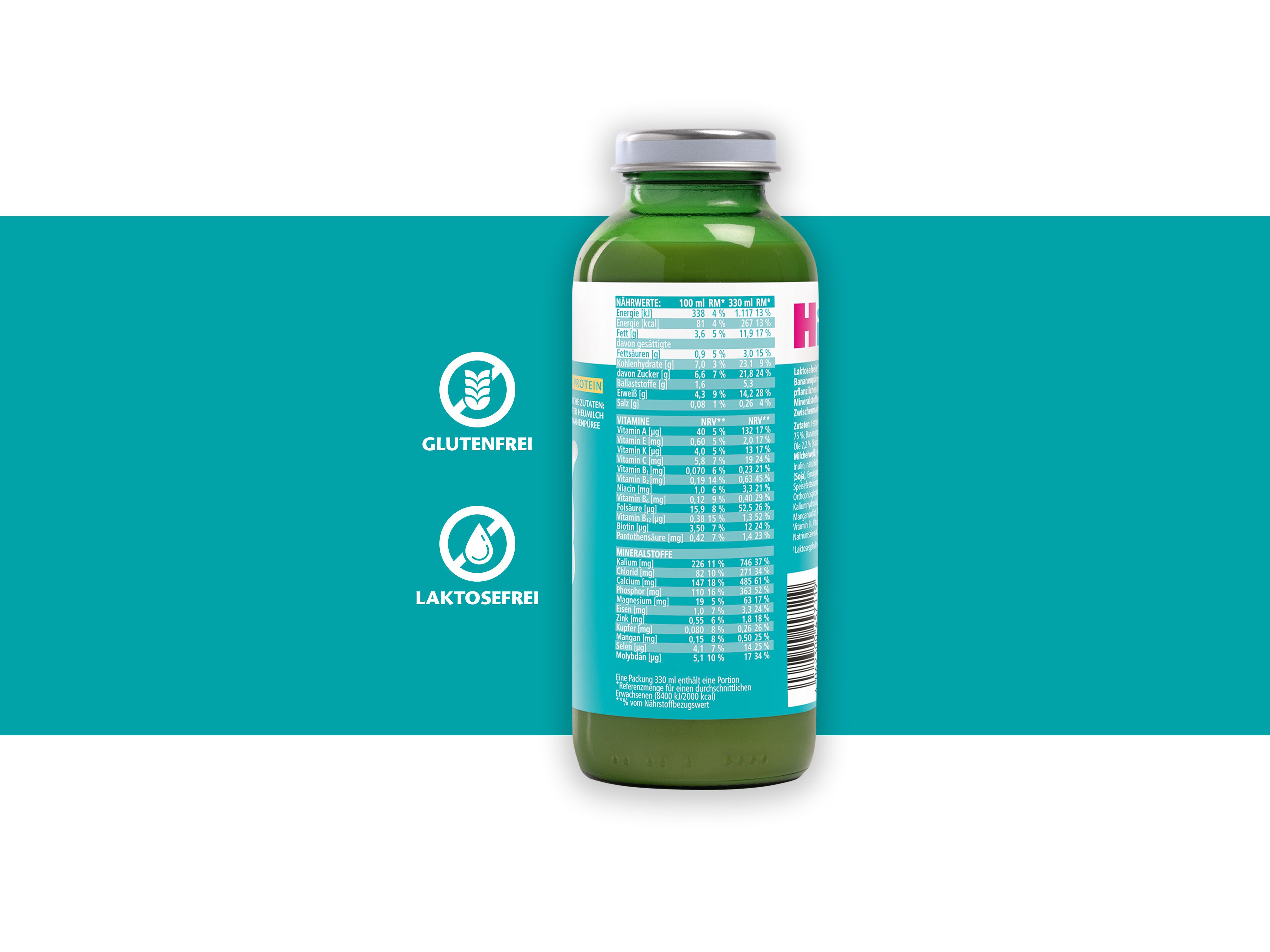 Flasche mit grünem Getränk und Nährwerttabelle auf türkisfarbenem Hintergrund mit Symbolen für glutenfrei und laktosefrei