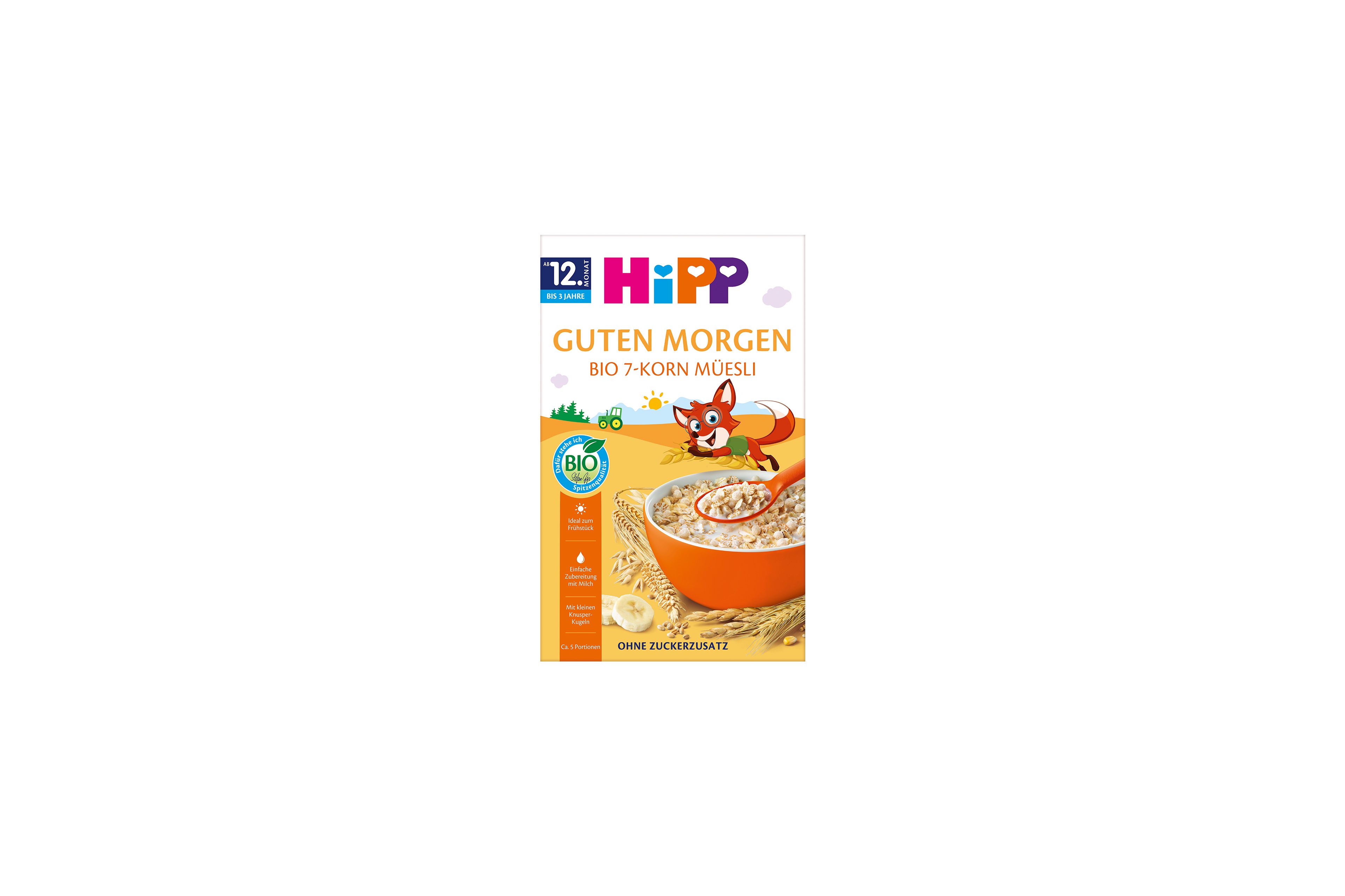 HiPP Guten Morgen Bio 7-Korn-Müesli Packung mit orangener Müslischale und kindlichem Fuchs-Motiv für Kleinkinder ab 1 Jahr