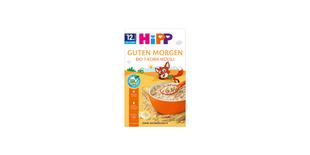 HiPP Guten Morgen Bio 7-Korn-Müesli Packung mit orangener Müslischale und kindlichem Fuchs-Motiv für Kleinkinder ab 1 Jahr