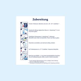 Schritt-für-Schritt-Anleitung zur Zubereitung mit Symbolen für Wasser abkochen, Abmessen, Fläschchen verschließen, Schütteln, Abkühlen und Beutel verschließen