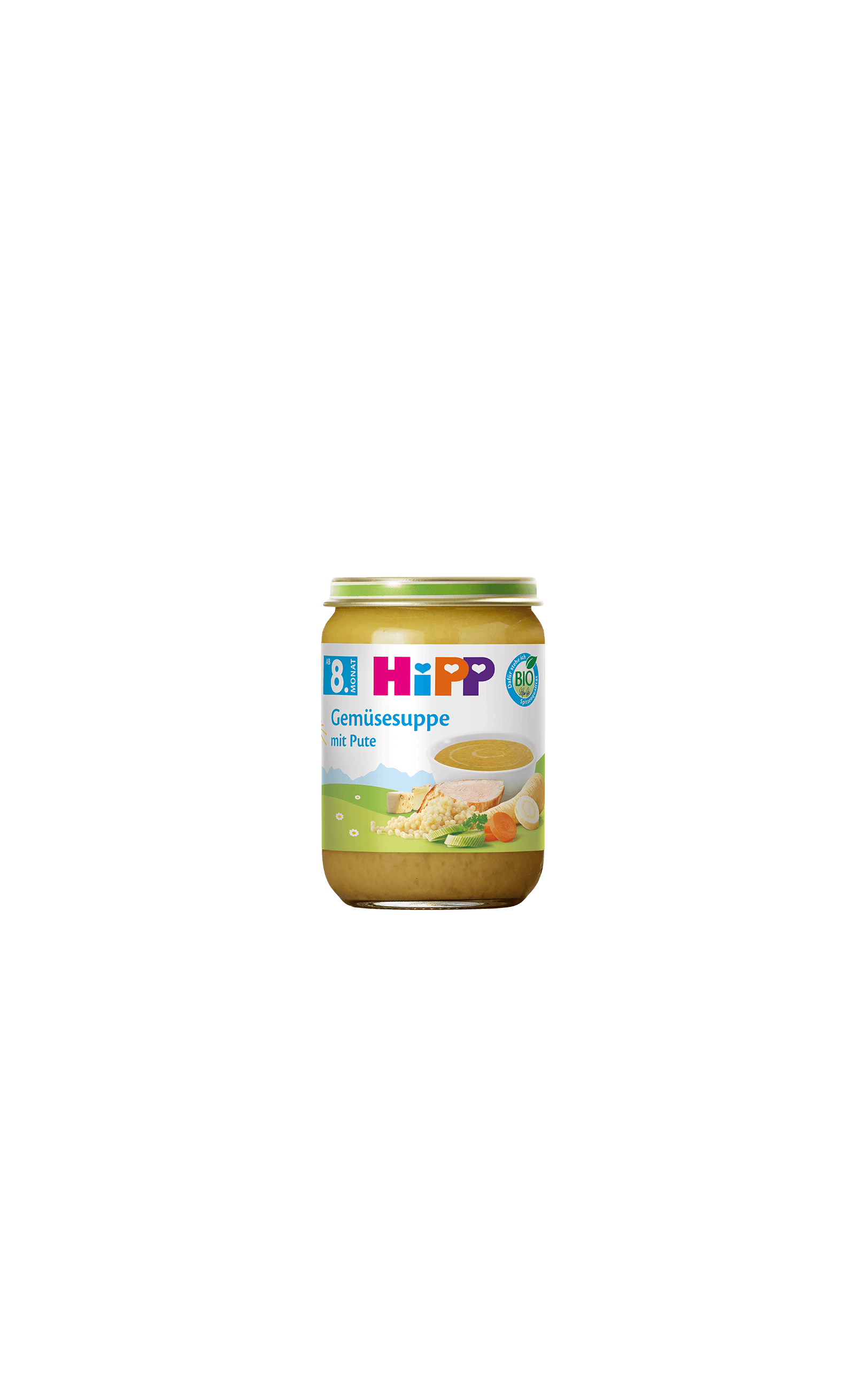 HiPP Bio-Glas Gemüsesuppe mit Pute ab dem 8. Monat, Produktpackshot vor schwarzem Hintergrund