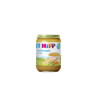 HiPP Bio-Glas Gemüsesuppe mit Pute ab dem 8. Monat, Produktpackshot vor schwarzem Hintergrund