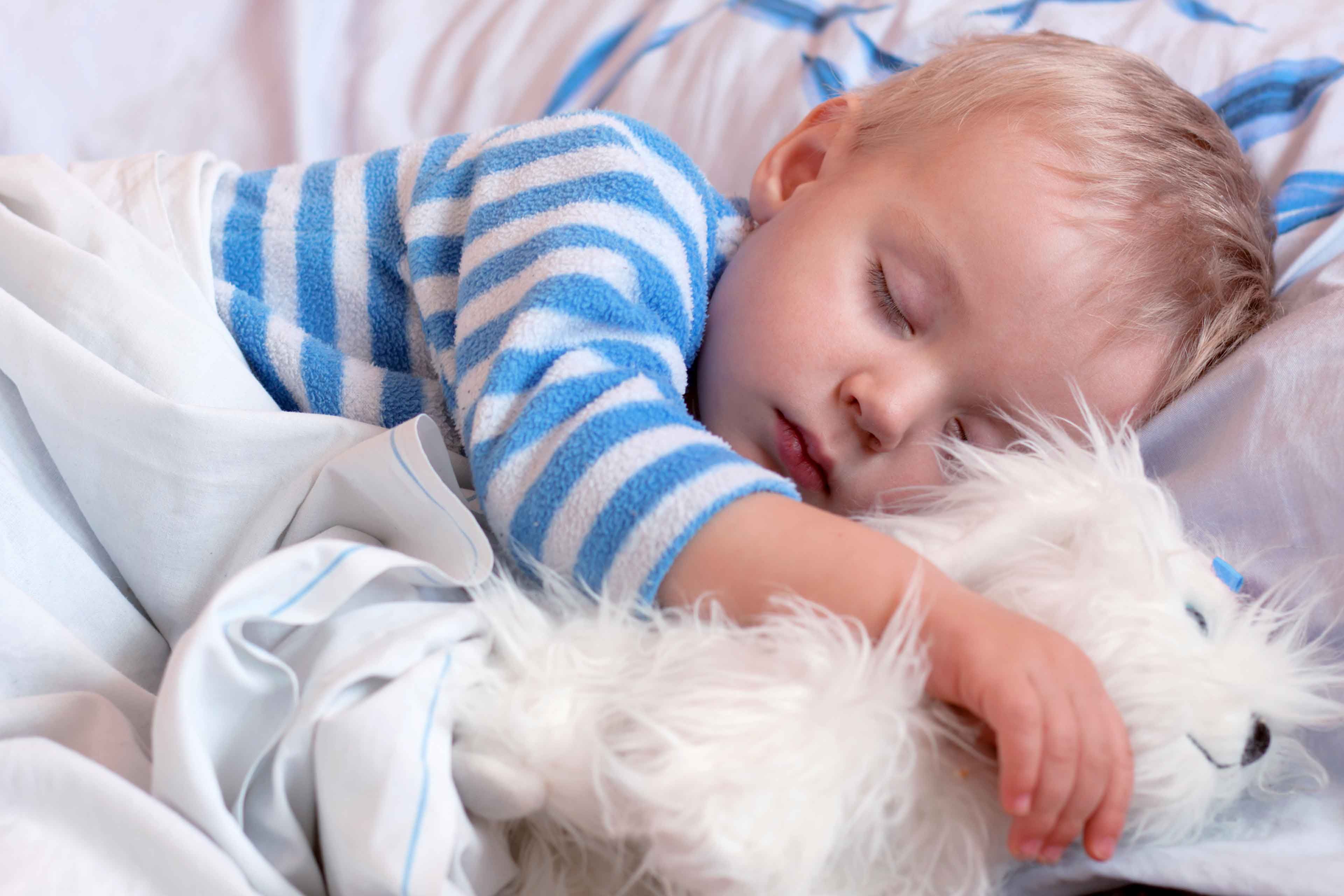 Ein schlafender Junge umarmt ein Kuscheltier.