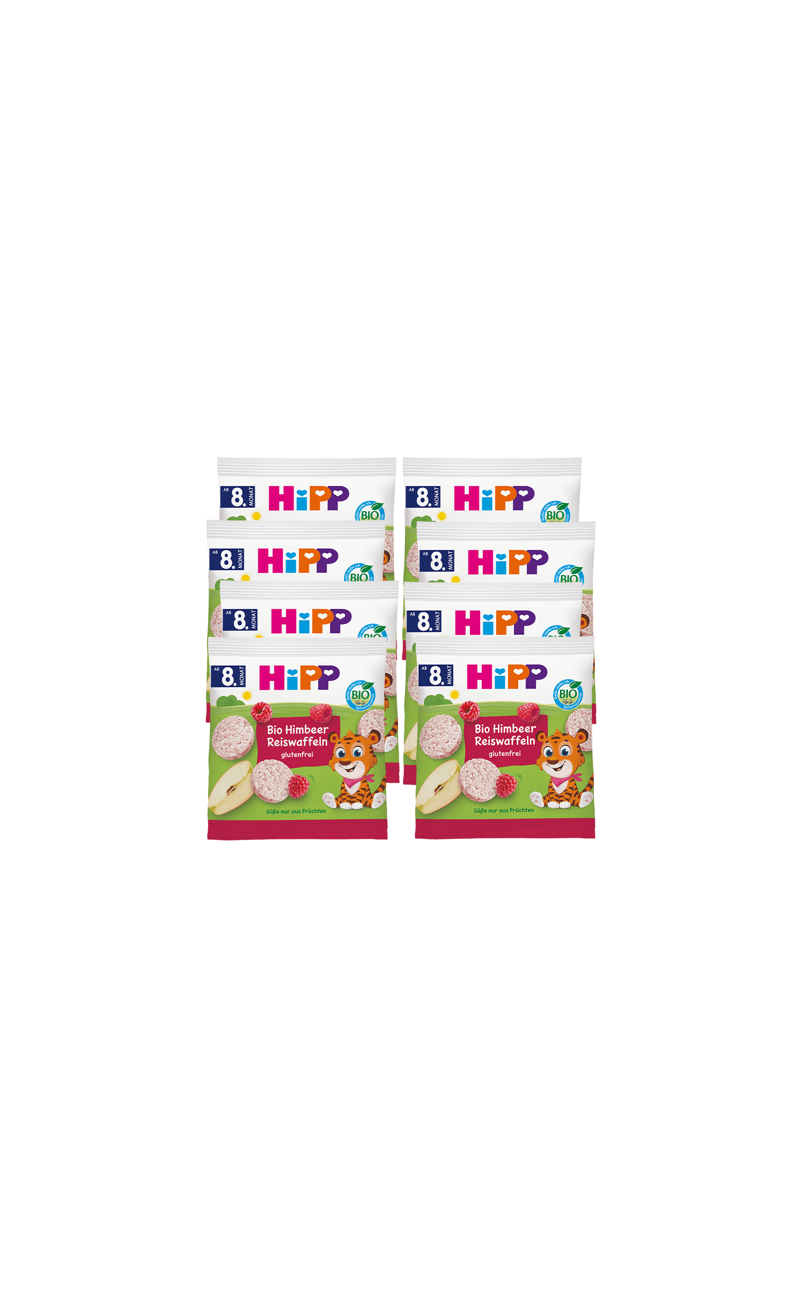 Acht Packungen HiPP Bio Himbeer Reiswaffeln ab 8 Monaten, glutenfrei, mit fruchtigem Design und Tiger-Maskottchen auf der Vorderseite